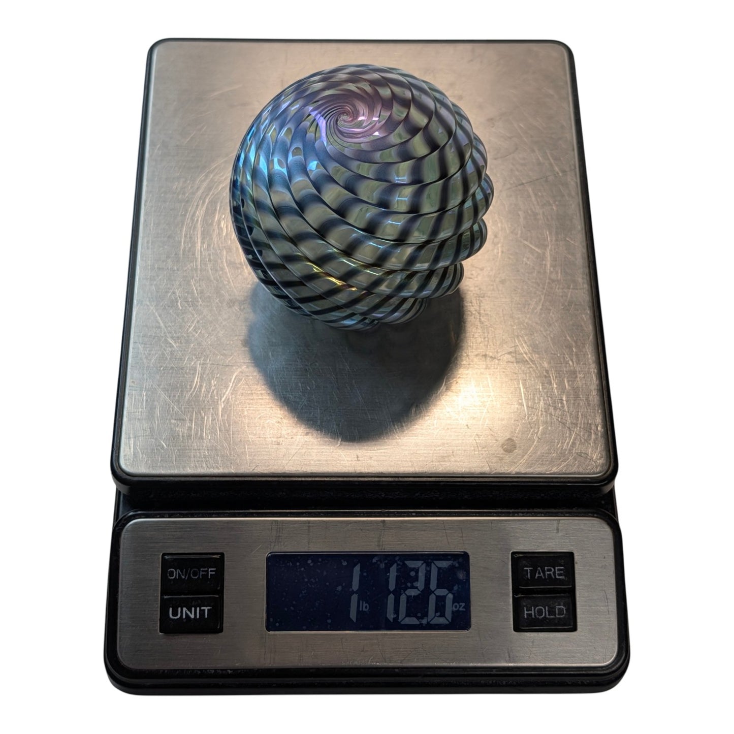 Large Iridescent Ribbed Spiral Art Glass Paperweight Orb Blue Swirl Hand Blown Decor