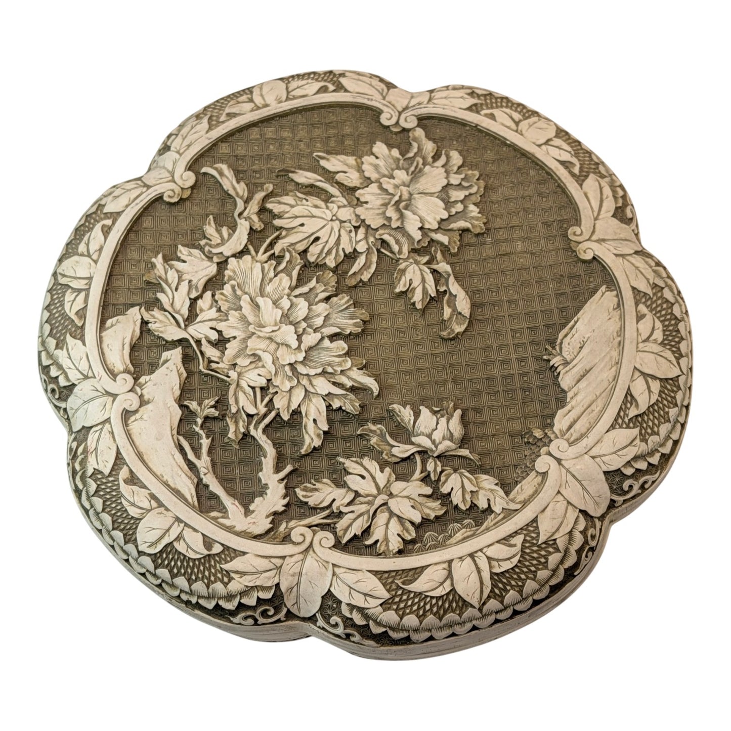 Vintage Large Chinese Carved Resin Peony Box Faux Ivory Chinoiserie Quatrefoil Trinket Jewelry Box