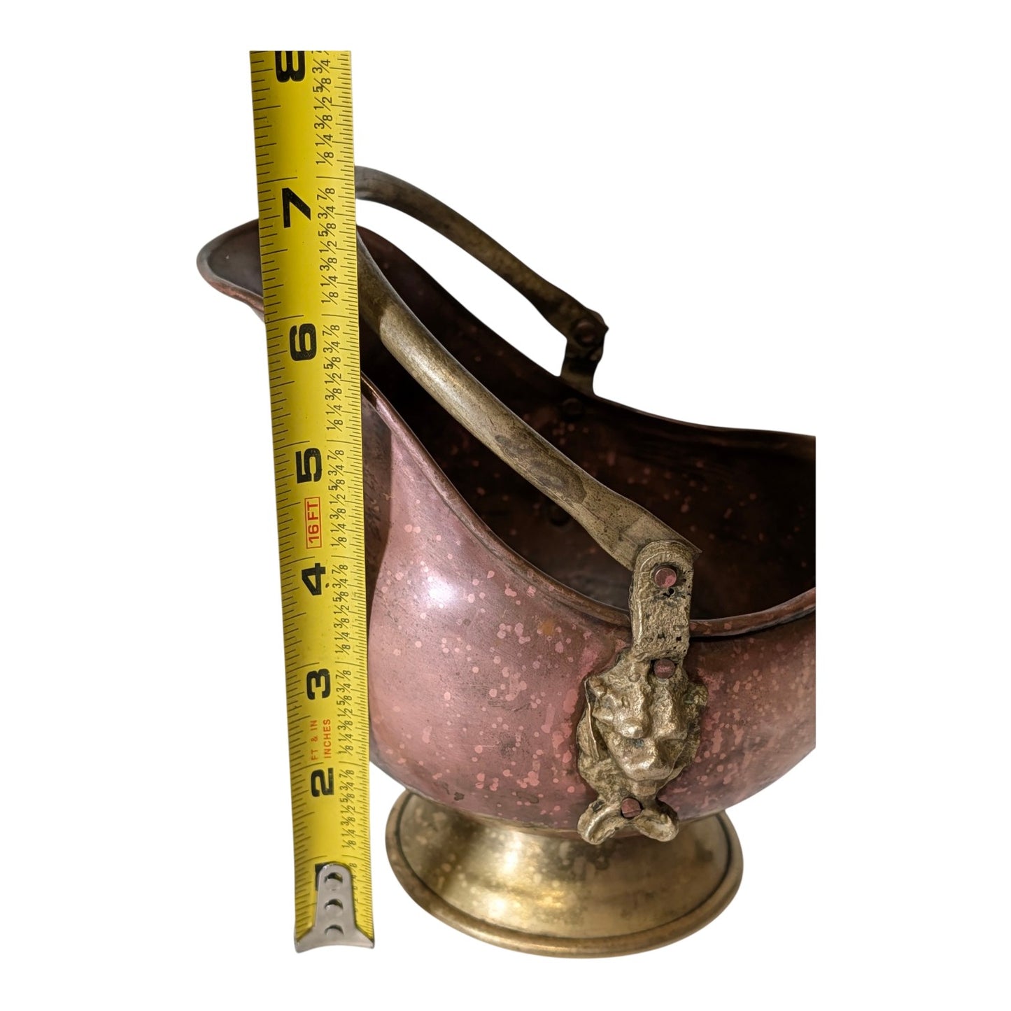 Antique Victorian Copper & Brass Coal Scuttle with Delft Ceramic Handle, Lion Head Mounts, Ornate Fireplace Mantle Decor