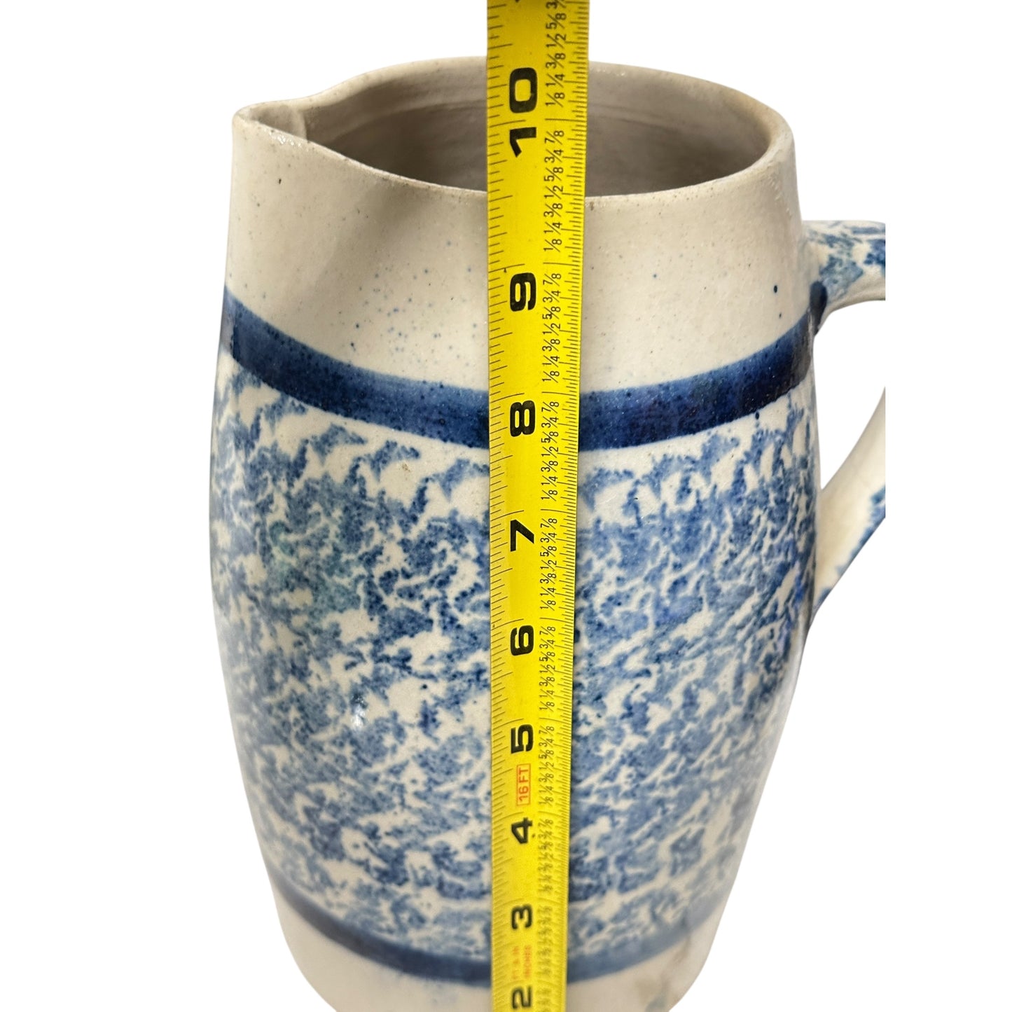 Antique Blue & White Spongeware Stoneware Pitcher, Large 19th C. Salt Glaze Pottery, Primitive Farmhouse Americana Crockery