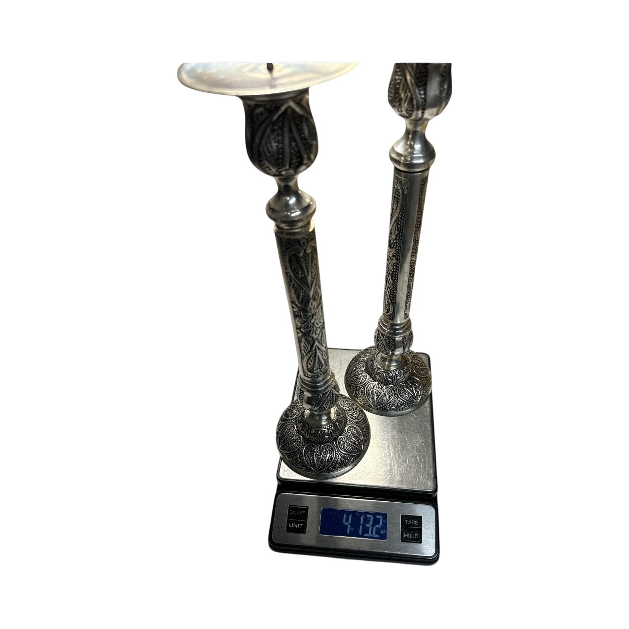 Large Vintage Indian Silver Plated Candlesticks, Ornate Chased Floral Pair