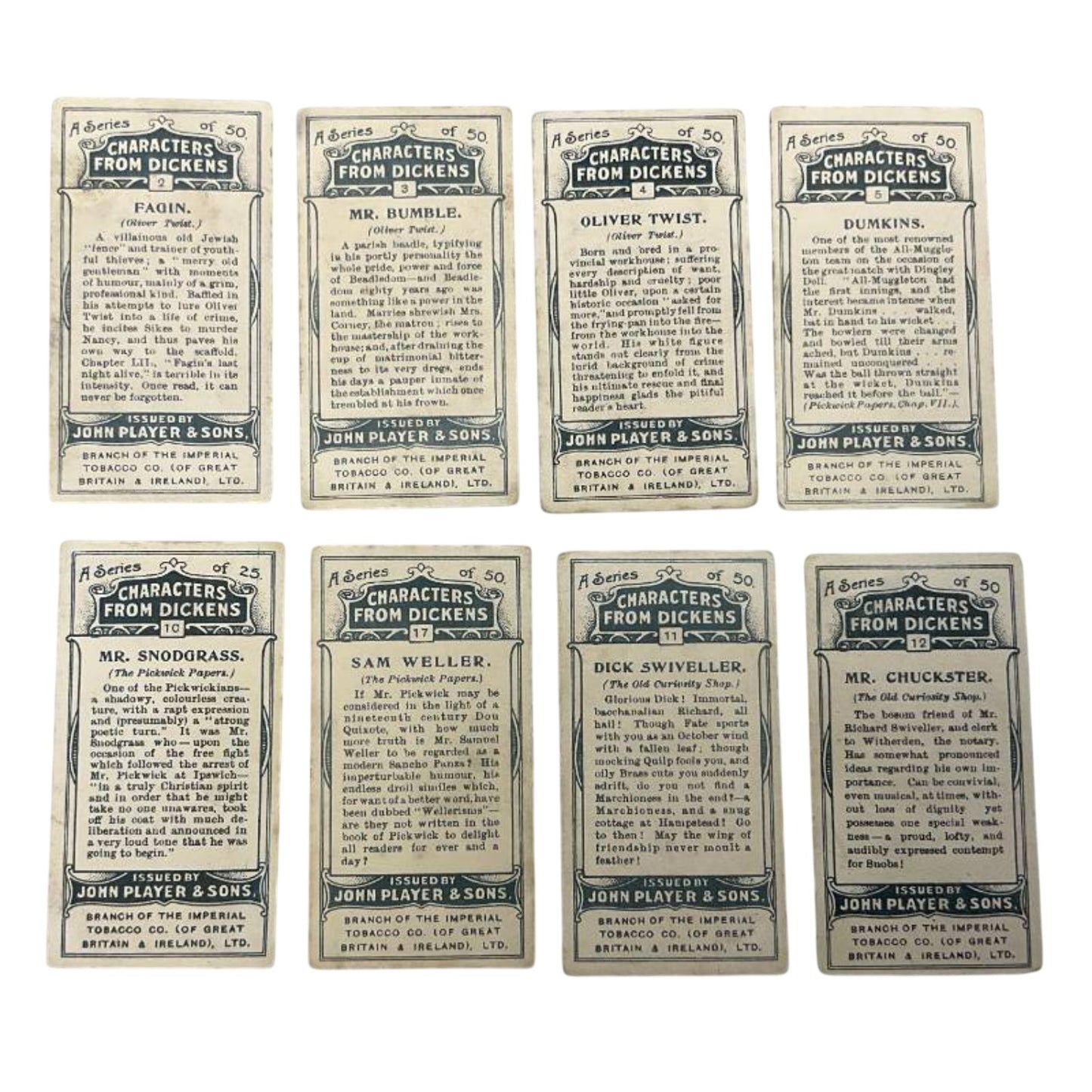 Vintage 1920s John Player Dickens Characters Cigarette Cards Lot of 8