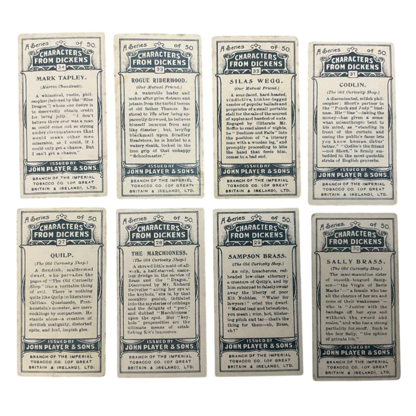 1912 Player's Dickens Characters Cigarette Cards Lot of 8 Antique Edwardian