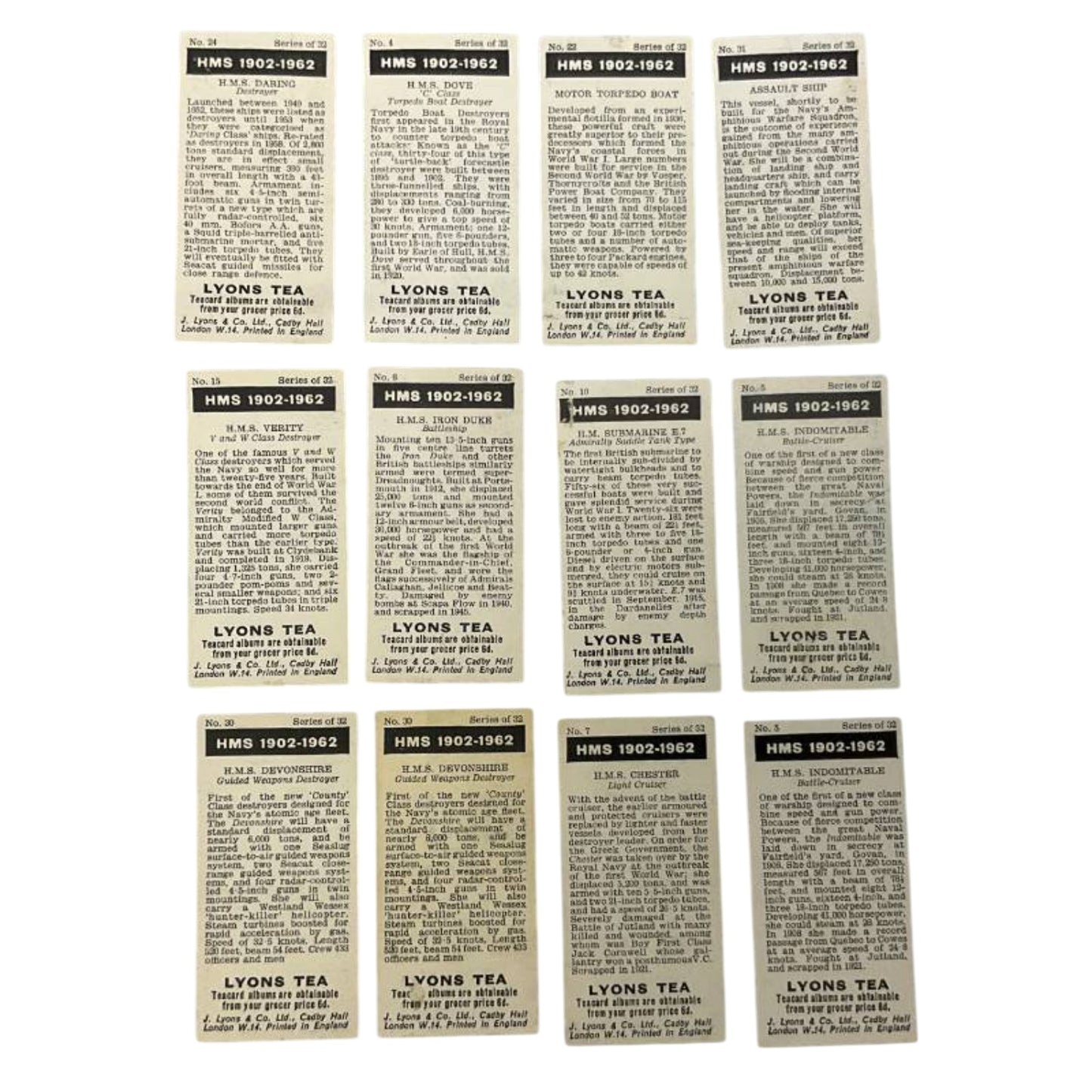 1962 Lyons Tea HMS Royal Navy Ship Cards Lot of 12 Mid-Century Ephemera