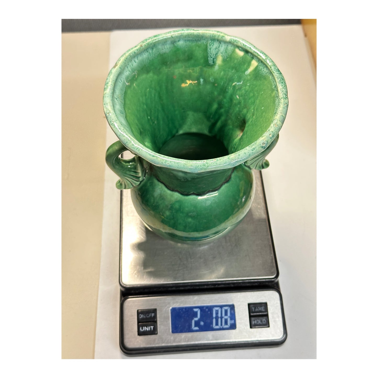 Vintage Camark Art Deco Dolphin Handle Vase in Emerald Green Drip Glaze