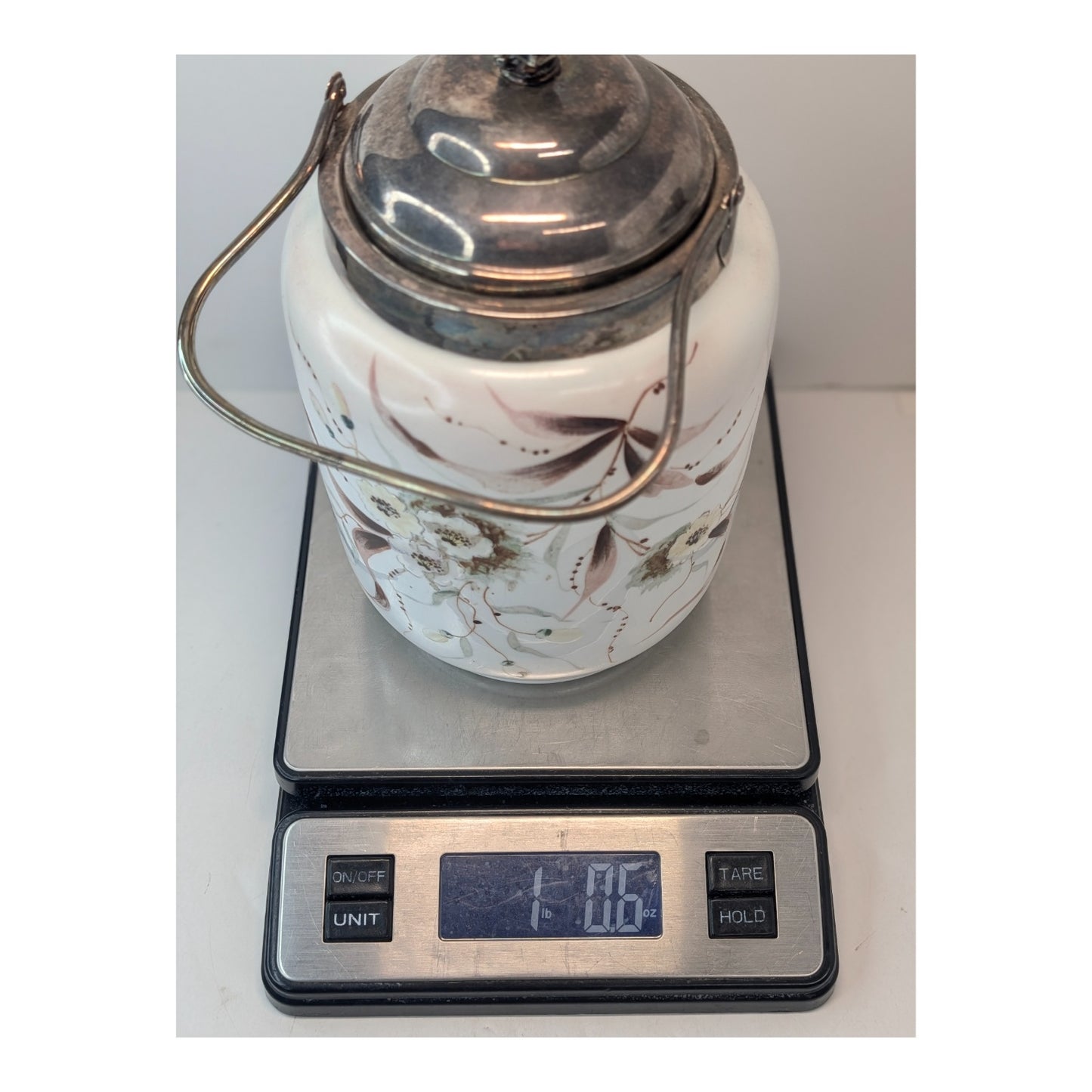 Victorian Silver Plate Biscuit Barrel w/ Bird Finial, Hand-Painted Florals