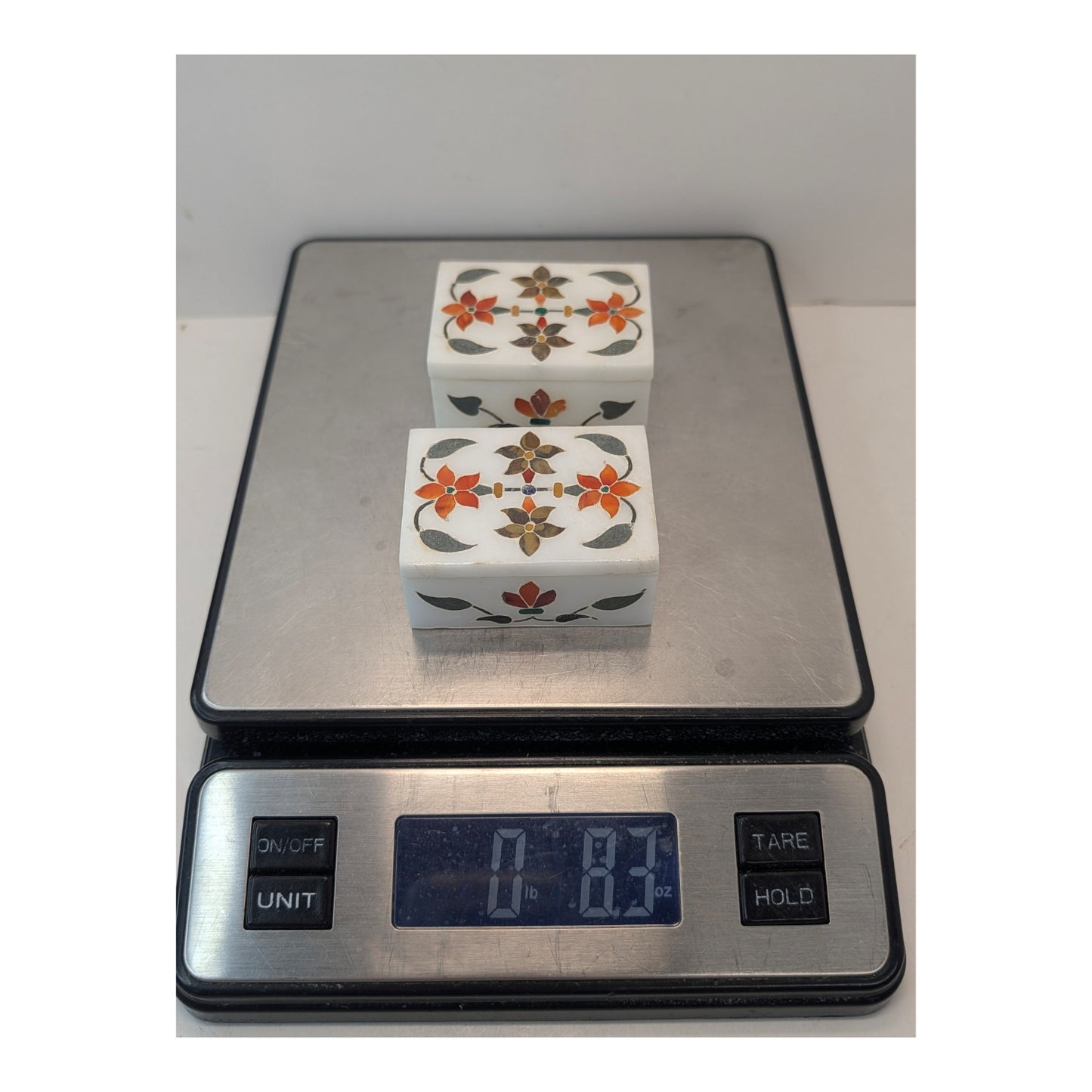 Pair Vintage Indian Marble Pietra Dura Inlay Floral Trinket Boxes