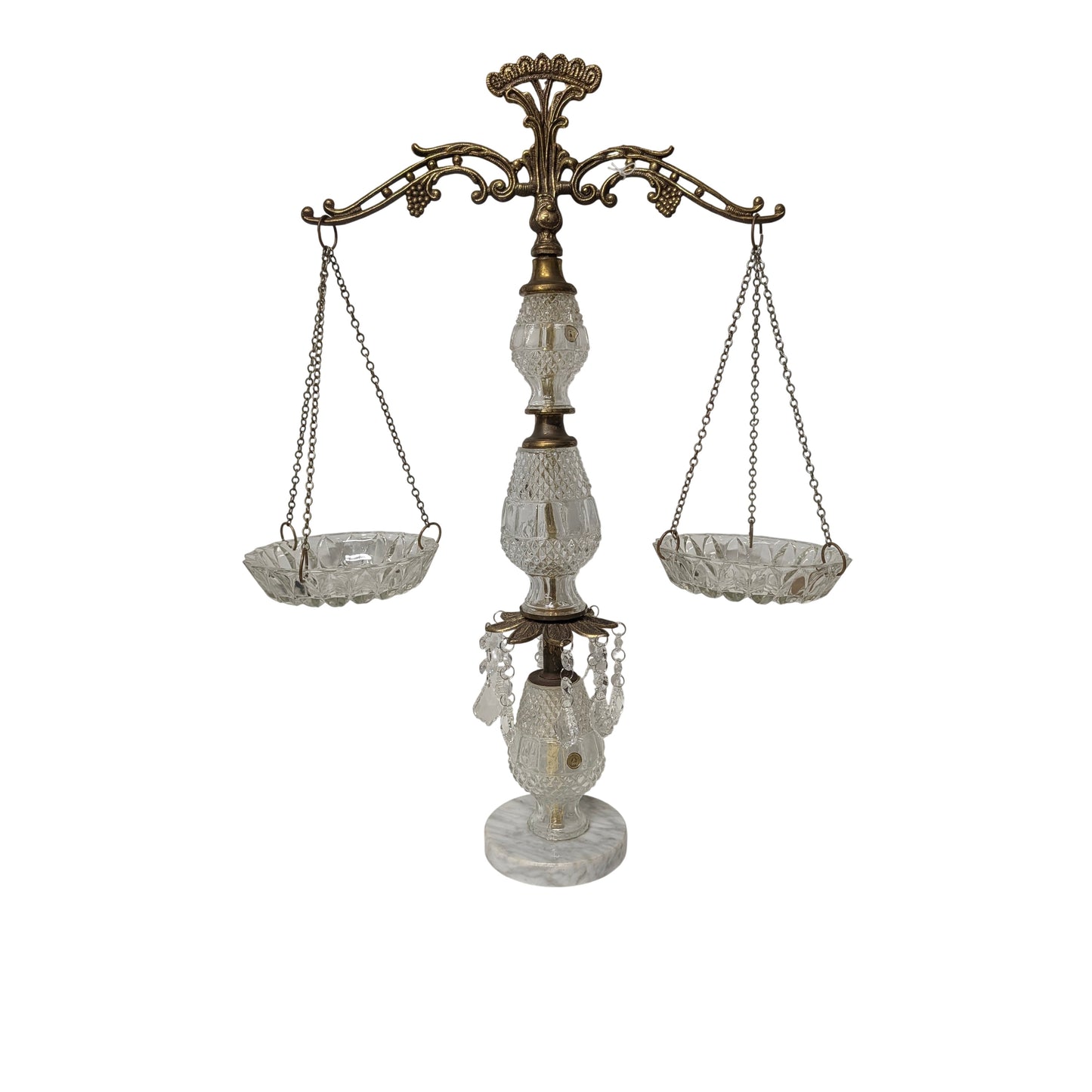 Large Vintage Hollywood Regency Scales of Justice | Ornate Brass & Cut Crystal Decorative Balance Scale with Marble Base