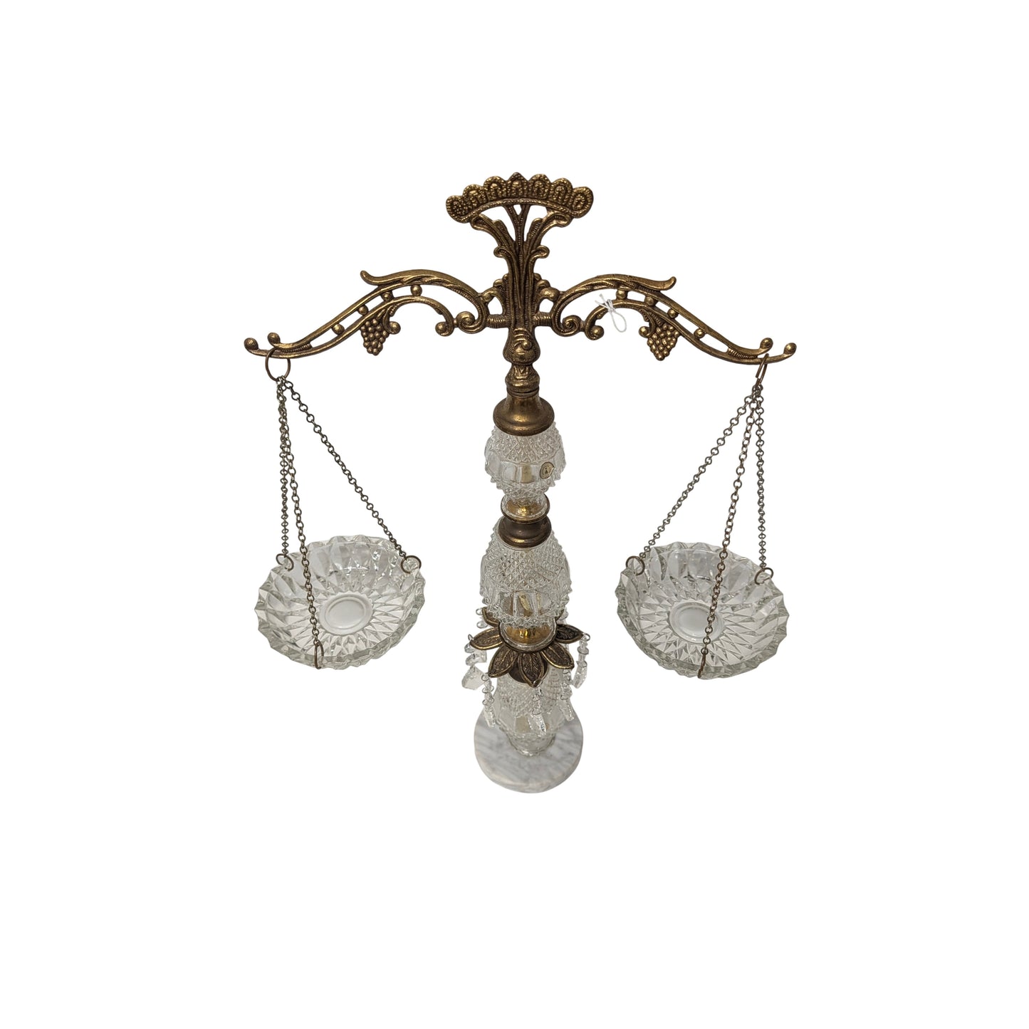 Large Vintage Hollywood Regency Scales of Justice | Ornate Brass & Cut Crystal Decorative Balance Scale with Marble Base