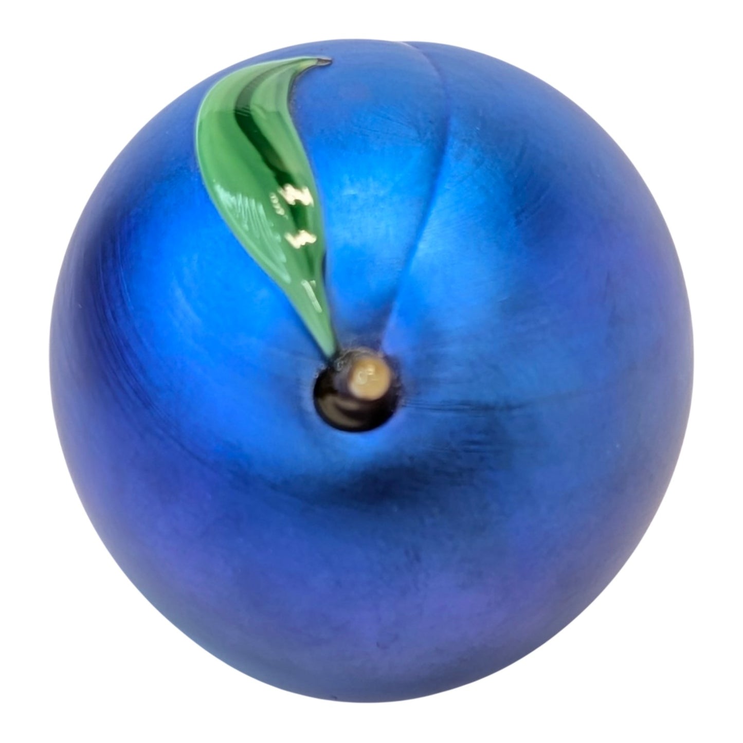 Vintage 1985 Orient & Flume Art Glass Plum Paperweight Signed Iridescent Blue w/ Box