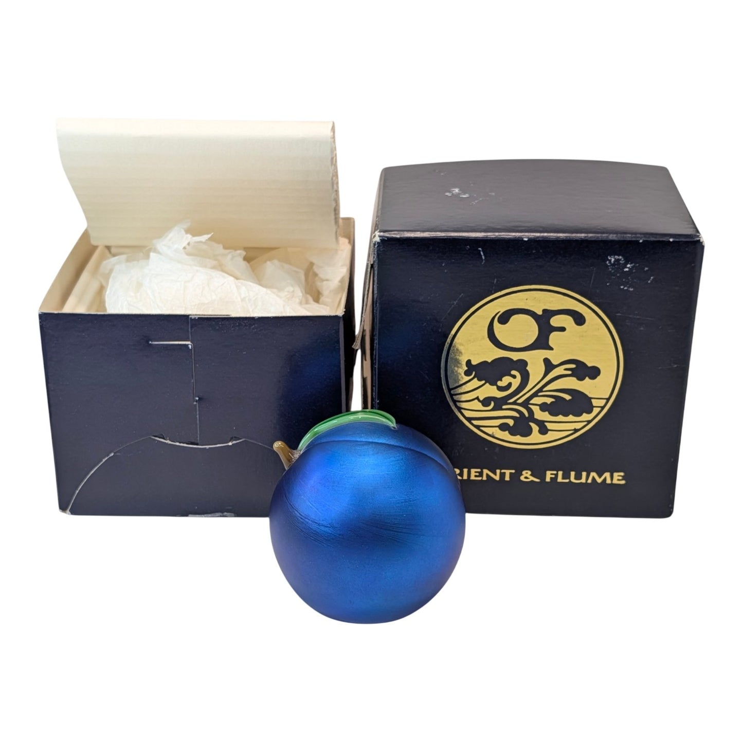 Vintage 1985 Orient & Flume Art Glass Plum Paperweight Signed Iridescent Blue w/ Box