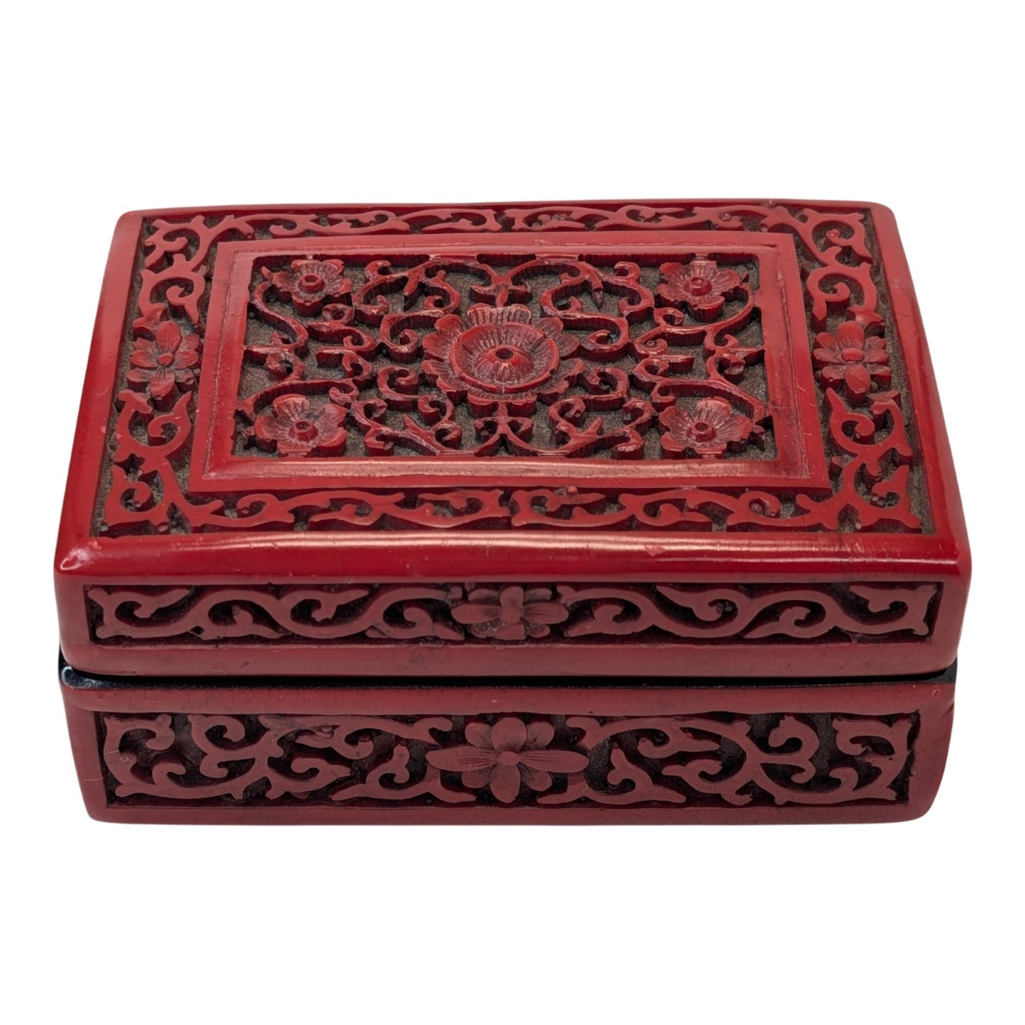 Vintage Chinese Carved Cinnabar Style Lacquerware Box Red Floral Asian Decor Trinket Jewelry Case
