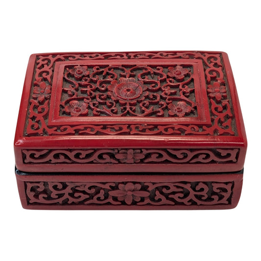 Vintage Chinese Carved Cinnabar Style Lacquerware Box Red Floral Asian Decor Trinket Jewelry Case