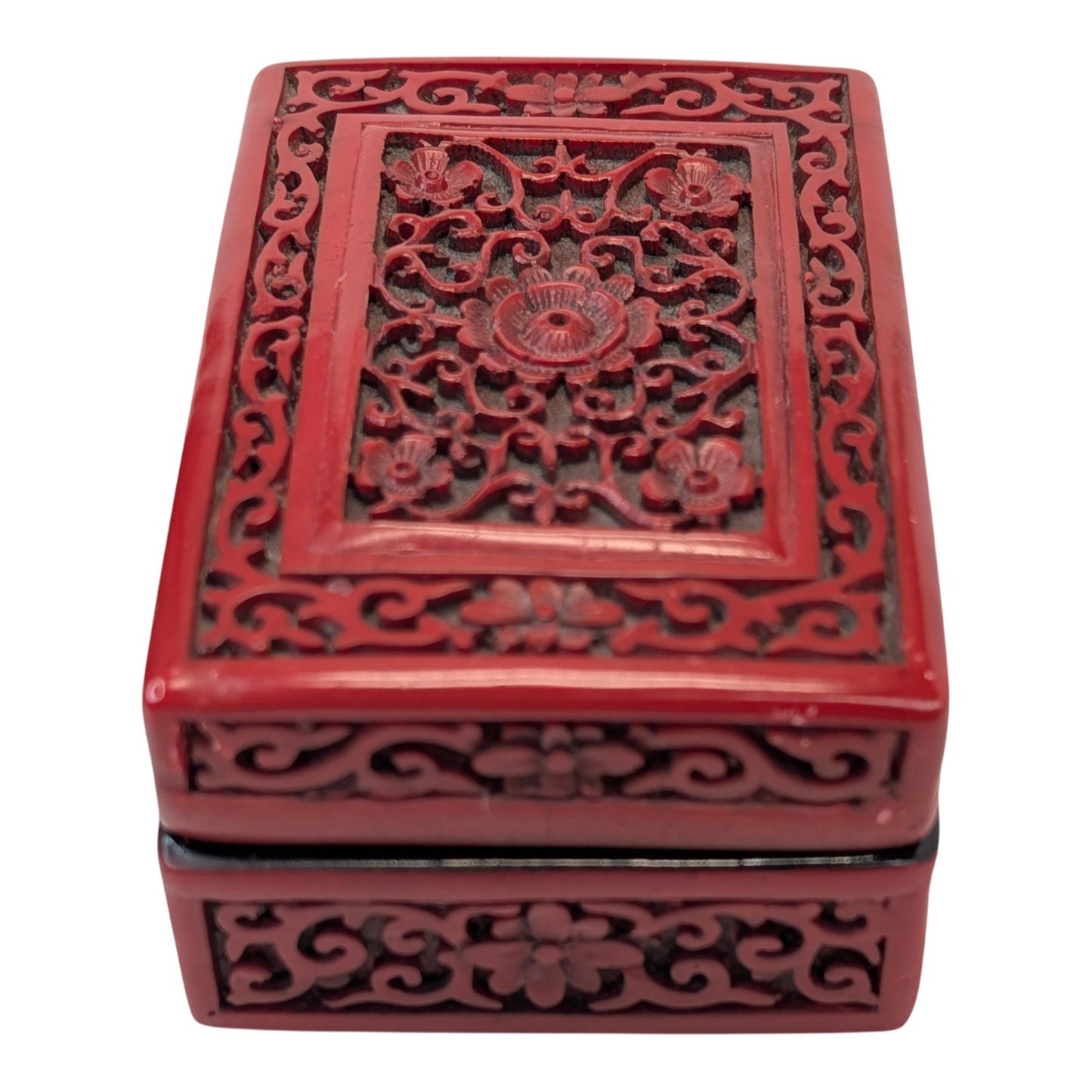 Vintage Chinese Carved Cinnabar Style Lacquerware Box Red Floral Asian Decor Trinket Jewelry Case