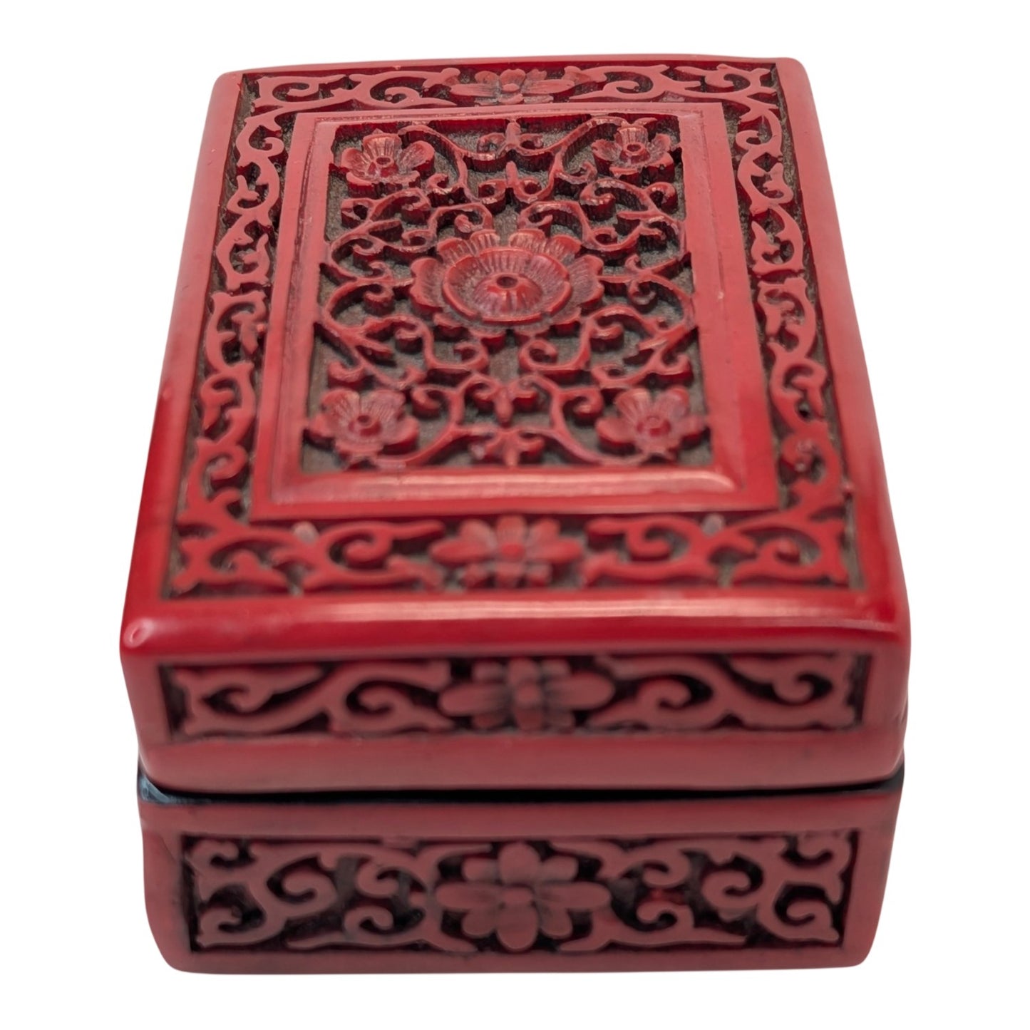 Vintage Chinese Carved Cinnabar Style Lacquerware Box Red Floral Asian Decor Trinket Jewelry Case