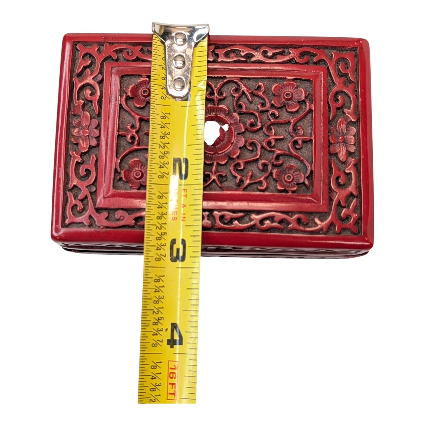 Vintage Chinese Carved Cinnabar Style Lacquerware Box Red Floral Asian Decor Trinket Jewelry Case