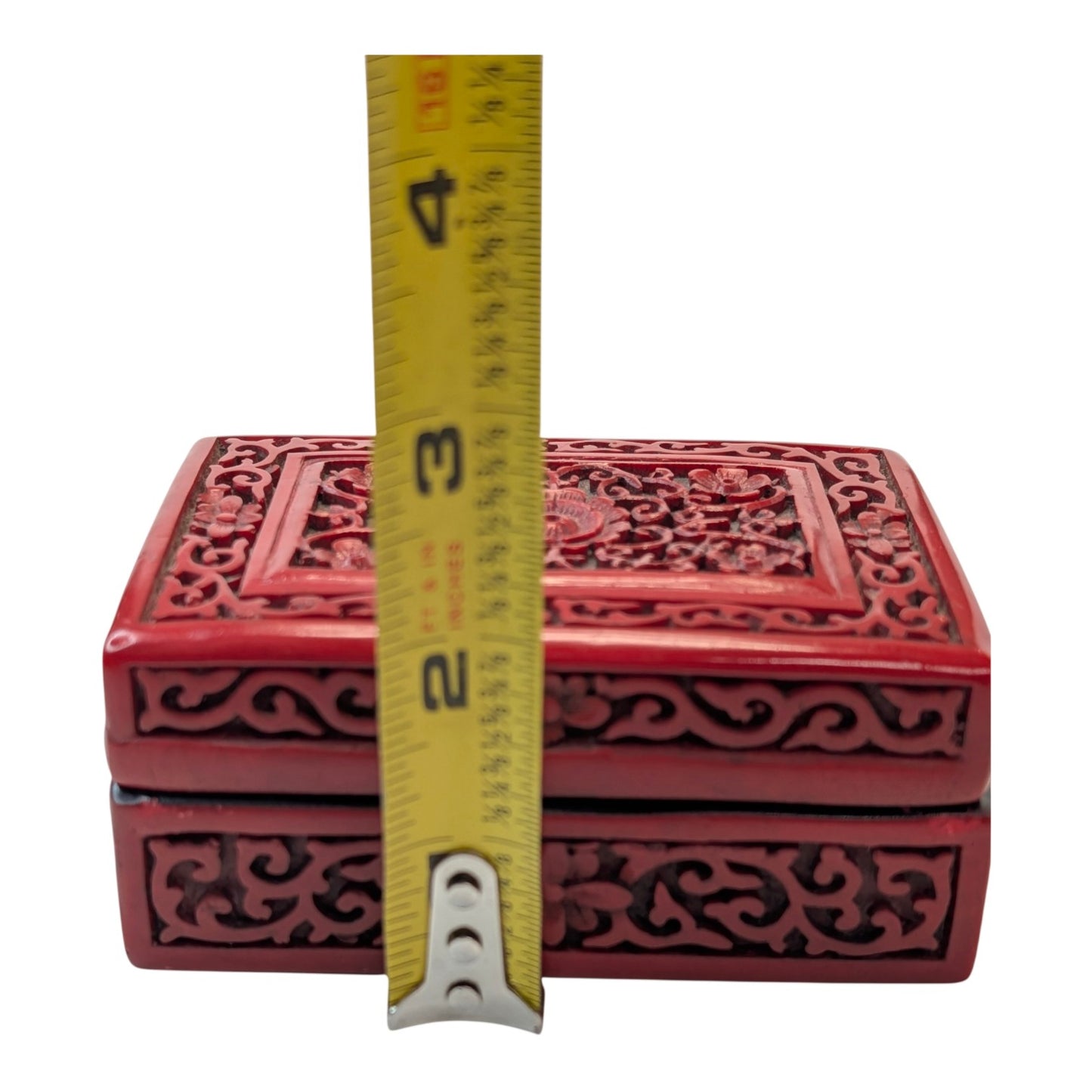 Vintage Chinese Carved Cinnabar Style Lacquerware Box Red Floral Asian Decor Trinket Jewelry Case