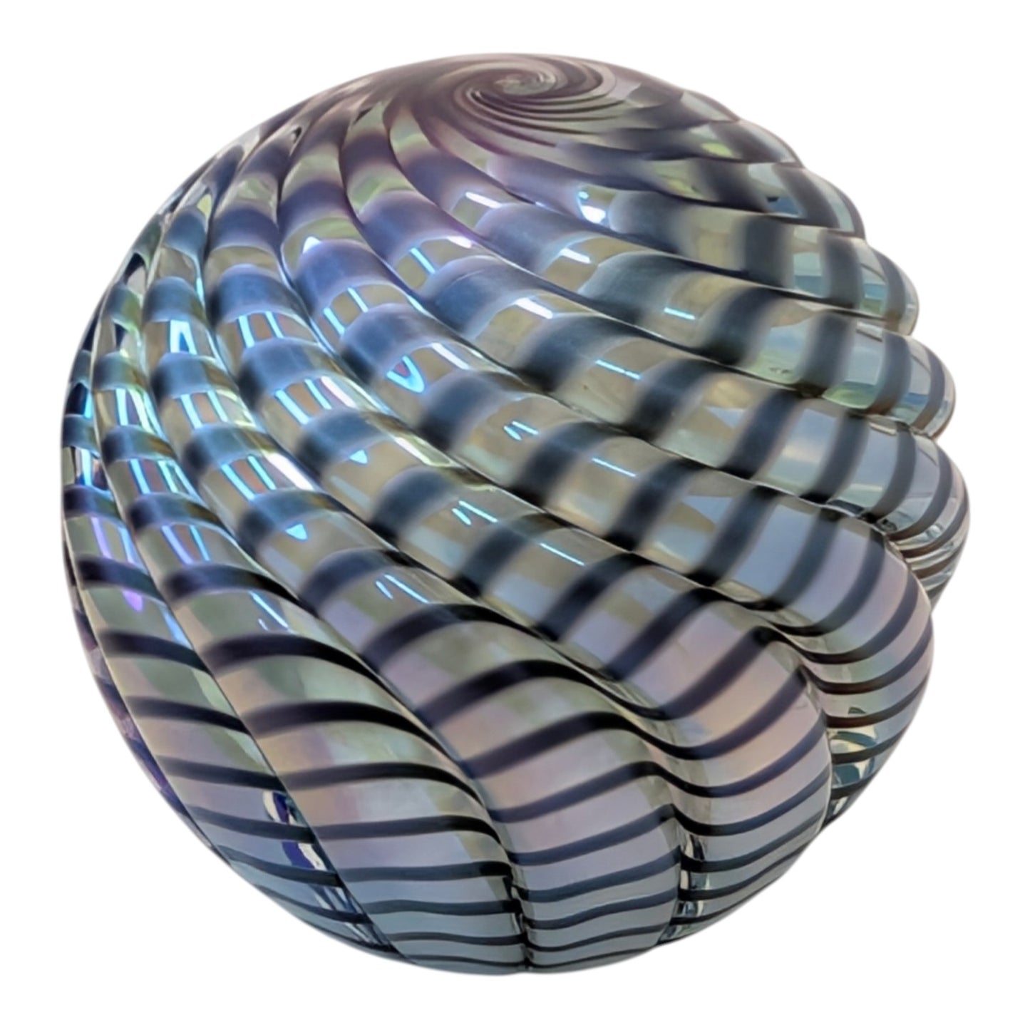 Large Iridescent Ribbed Spiral Art Glass Paperweight Orb Blue Swirl Hand Blown Decor
