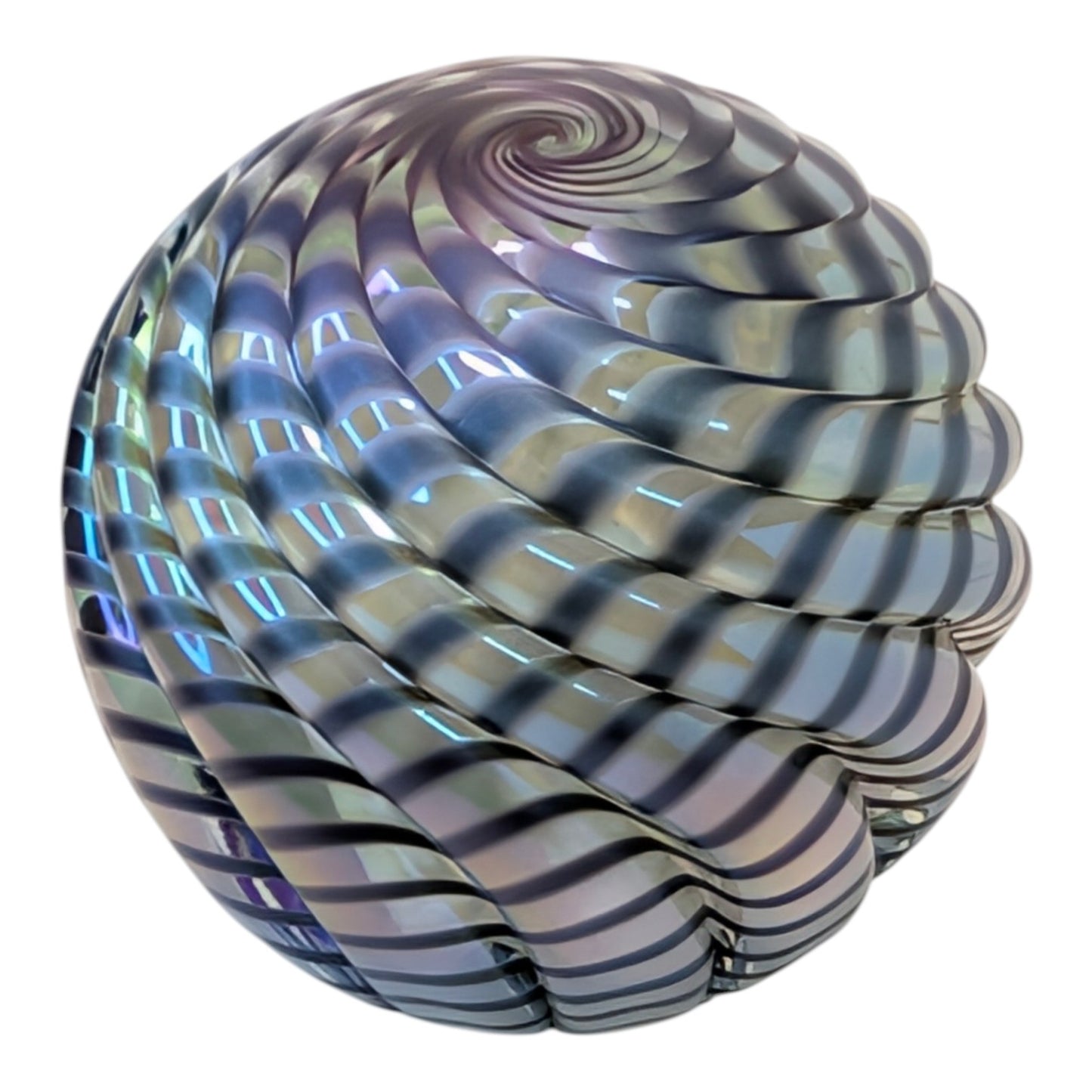 Large Iridescent Ribbed Spiral Art Glass Paperweight Orb Blue Swirl Hand Blown Decor