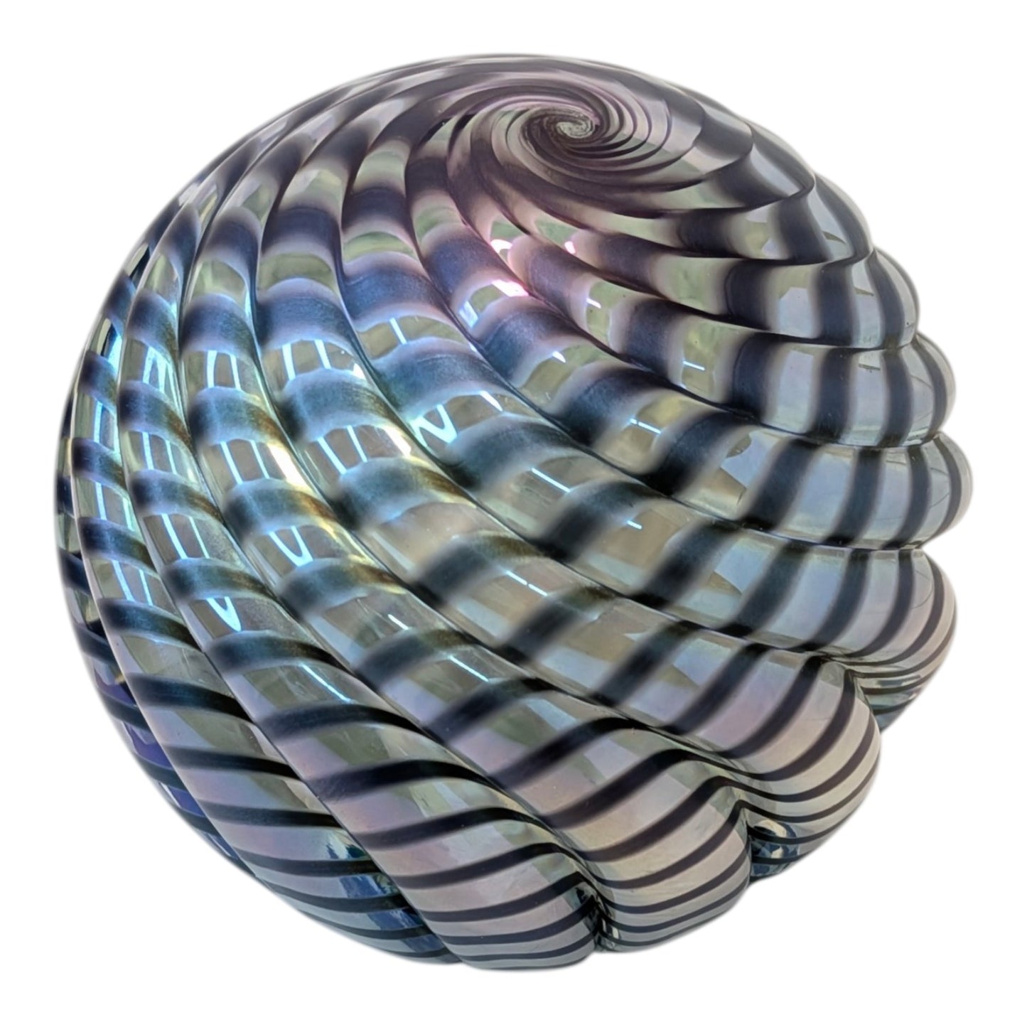 Large Iridescent Ribbed Spiral Art Glass Paperweight Orb Blue Swirl Hand Blown Decor