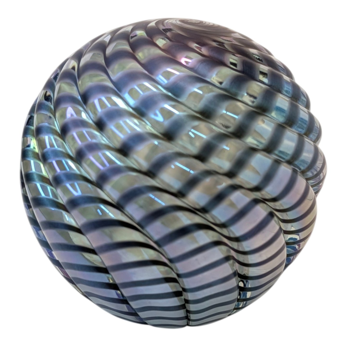 Large Iridescent Ribbed Spiral Art Glass Paperweight Orb Blue Swirl Hand Blown Decor