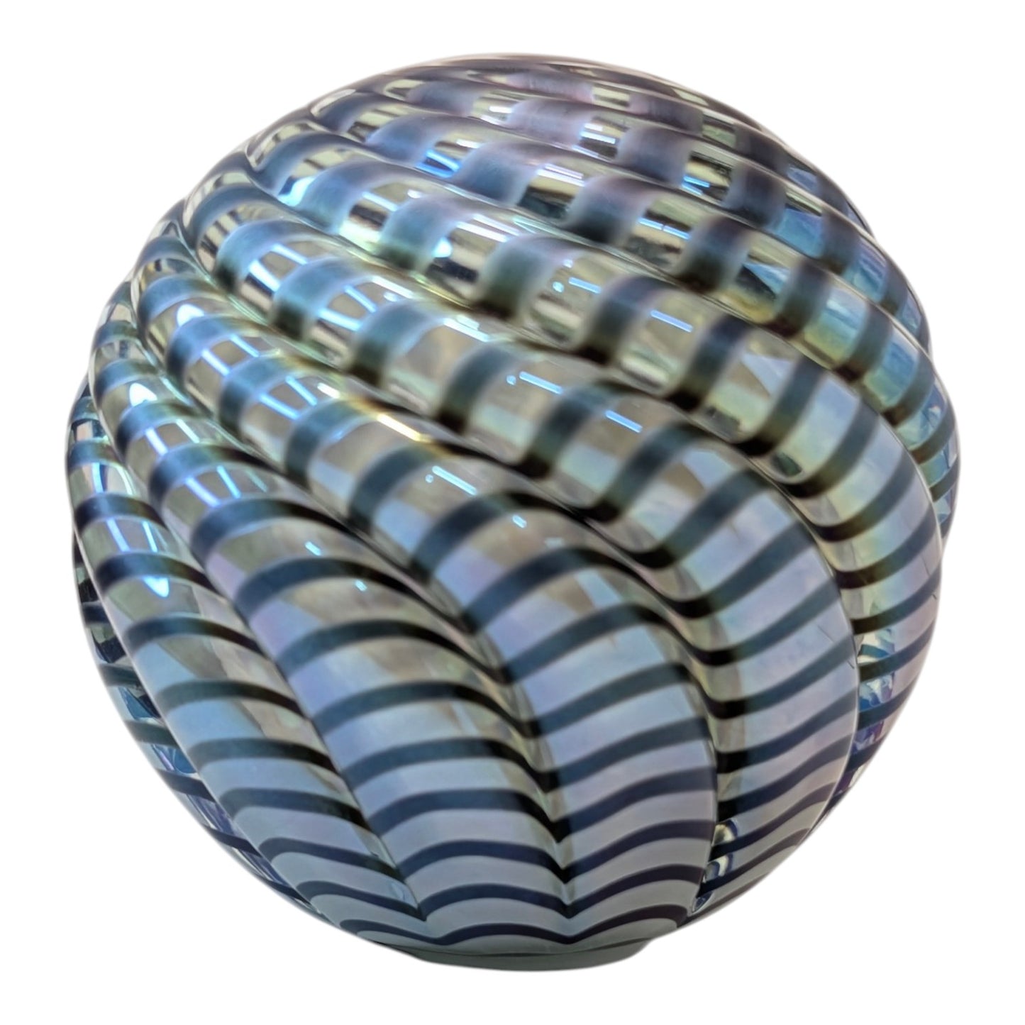 Large Iridescent Ribbed Spiral Art Glass Paperweight Orb Blue Swirl Hand Blown Decor
