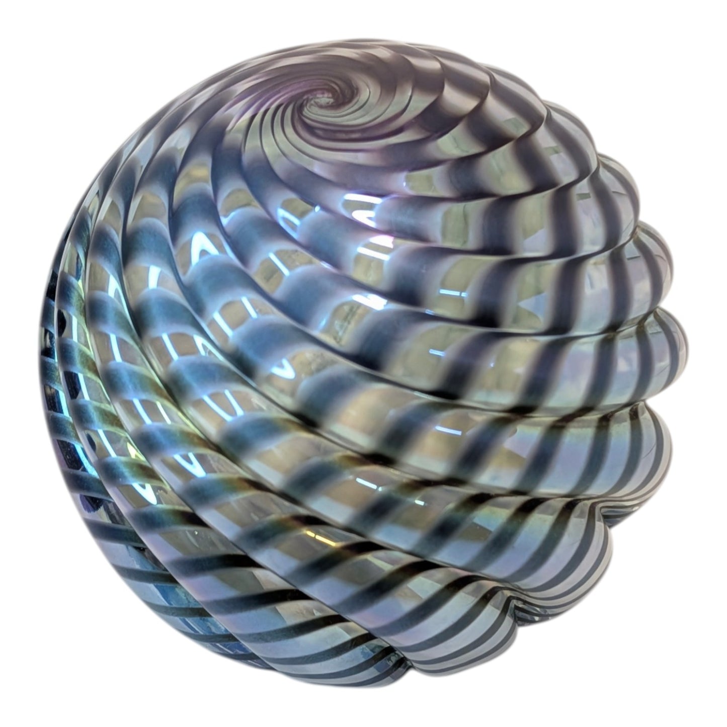 Large Iridescent Ribbed Spiral Art Glass Paperweight Orb Blue Swirl Hand Blown Decor