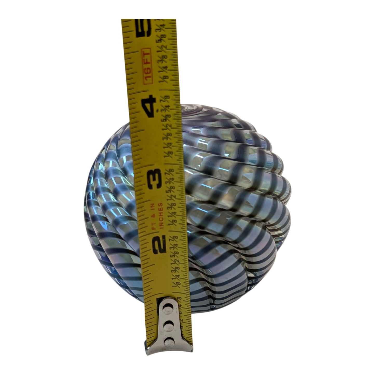 Large Iridescent Ribbed Spiral Art Glass Paperweight Orb Blue Swirl Hand Blown Decor
