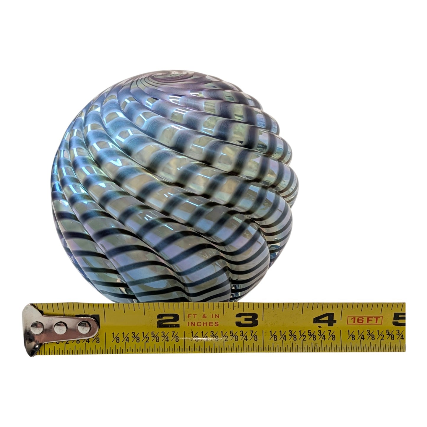 Large Iridescent Ribbed Spiral Art Glass Paperweight Orb Blue Swirl Hand Blown Decor
