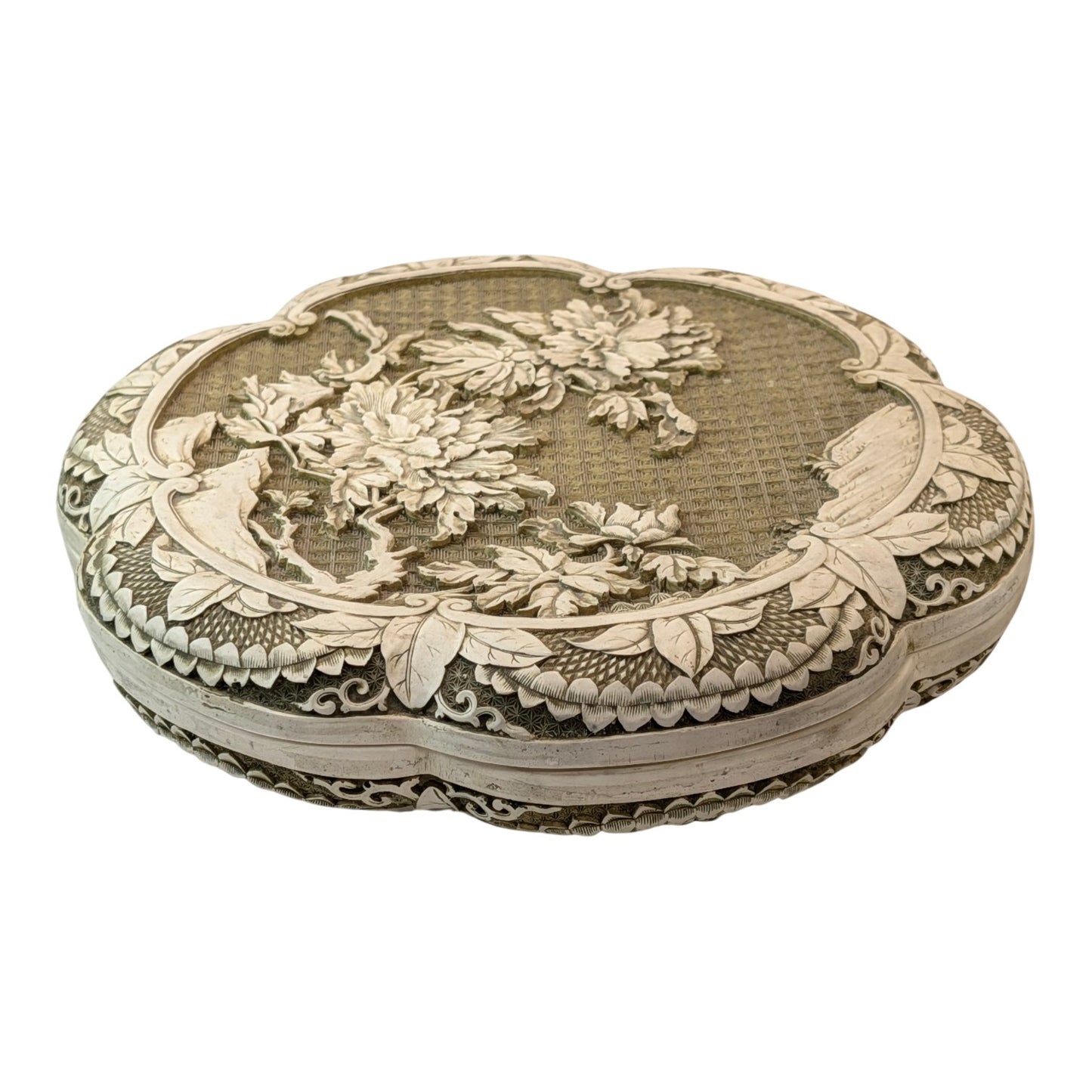 Vintage Large Chinese Carved Resin Peony Box Faux Ivory Chinoiserie Quatrefoil Trinket Jewelry Box