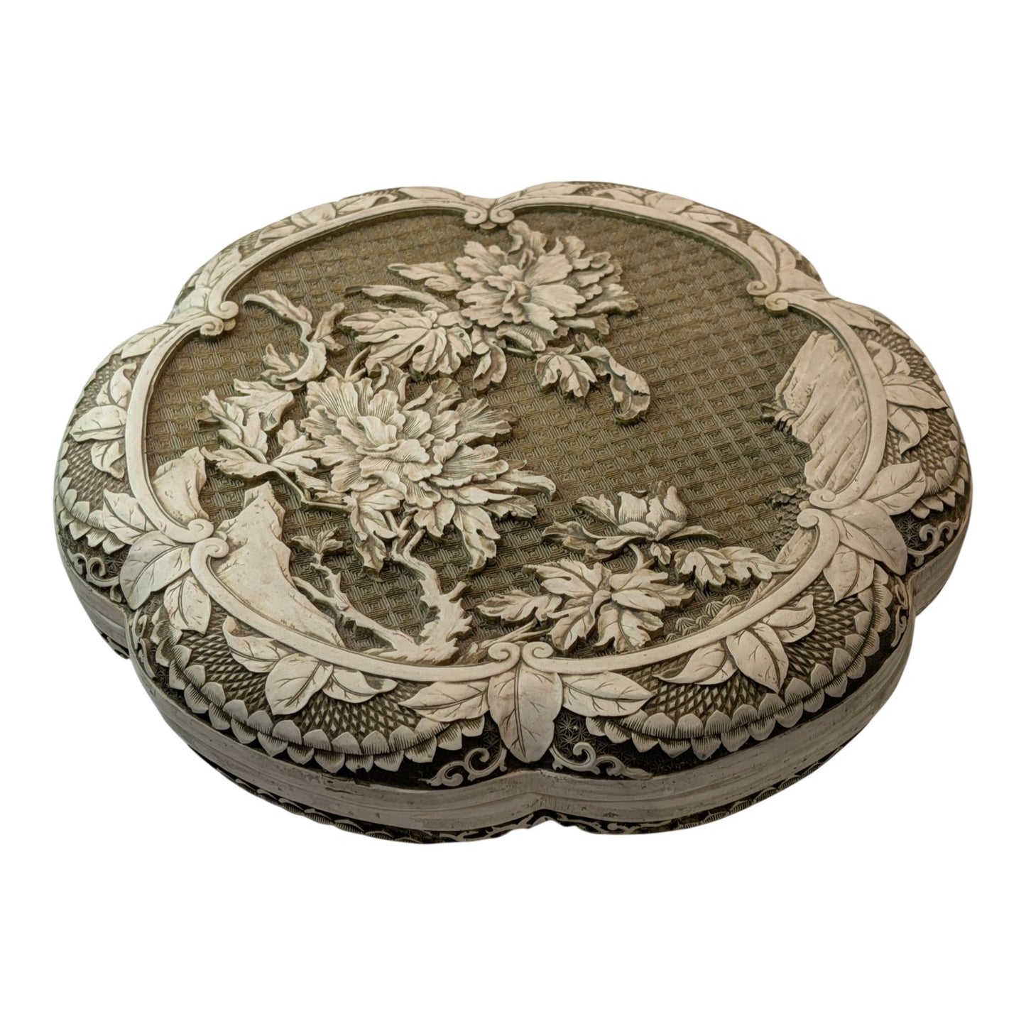 Vintage Large Chinese Carved Resin Peony Box Faux Ivory Chinoiserie Quatrefoil Trinket Jewelry Box