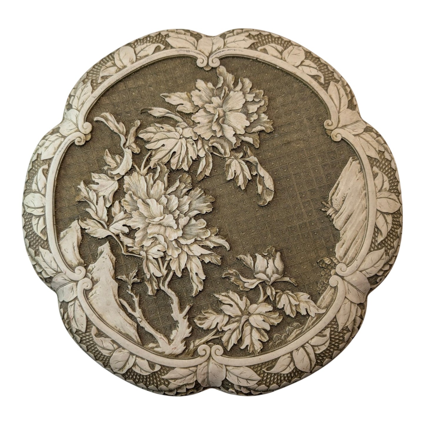 Vintage Large Chinese Carved Resin Peony Box Faux Ivory Chinoiserie Quatrefoil Trinket Jewelry Box