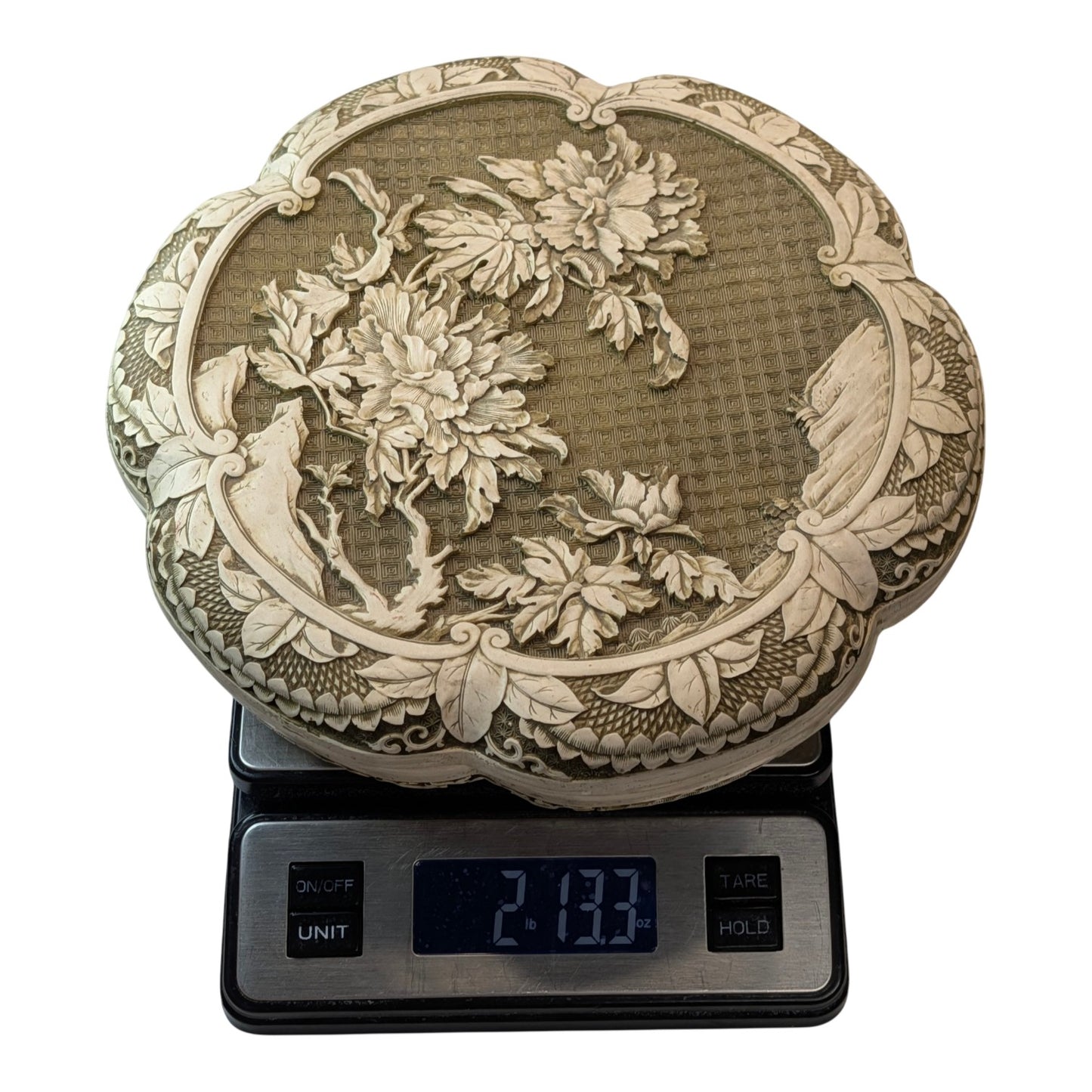 Vintage Large Chinese Carved Resin Peony Box Faux Ivory Chinoiserie Quatrefoil Trinket Jewelry Box