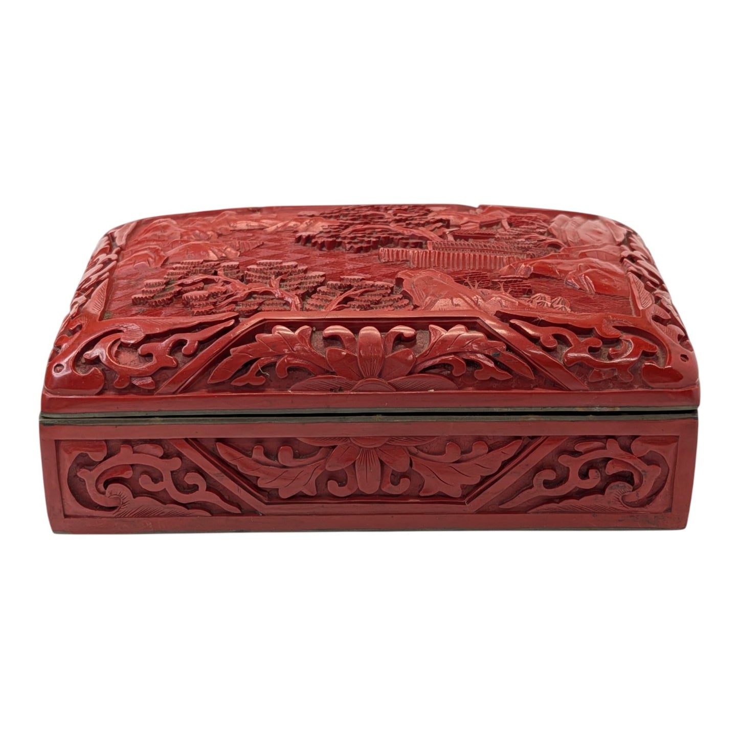 Vintage Chinese Cinnabar Box Carved Red Lacquer Landscape Scene Blue Enamel Interior