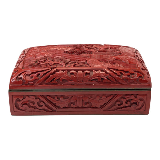 Vintage Chinese Cinnabar Box Carved Red Lacquer Landscape Scene Blue Enamel Interior