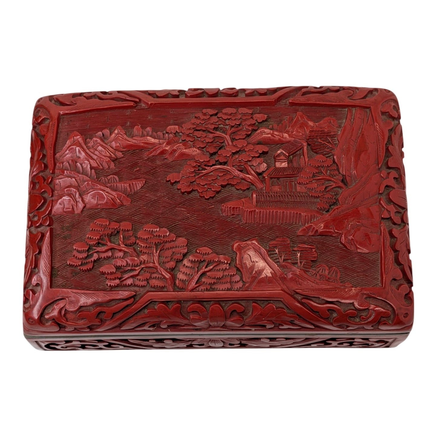 Vintage Chinese Cinnabar Box Carved Red Lacquer Landscape Scene Blue Enamel Interior