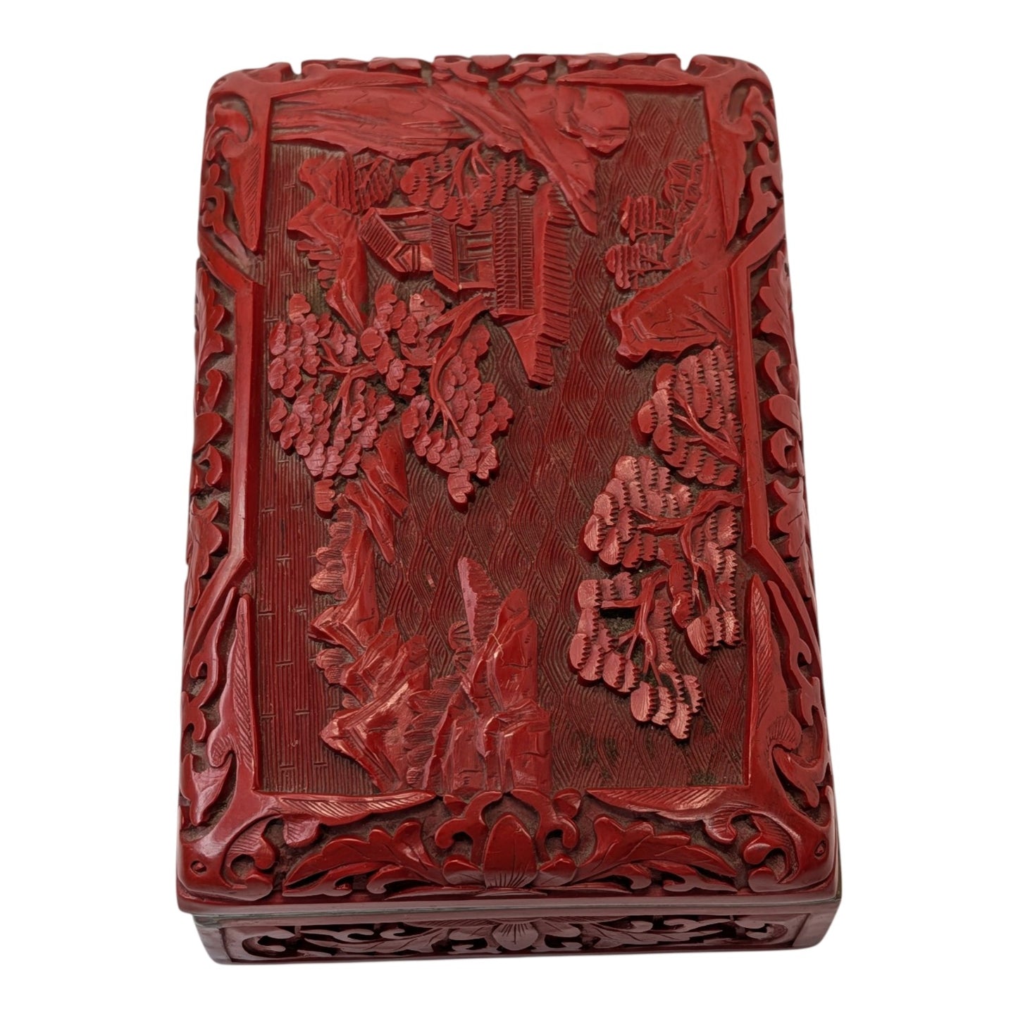 Vintage Chinese Cinnabar Box Carved Red Lacquer Landscape Scene Blue Enamel Interior
