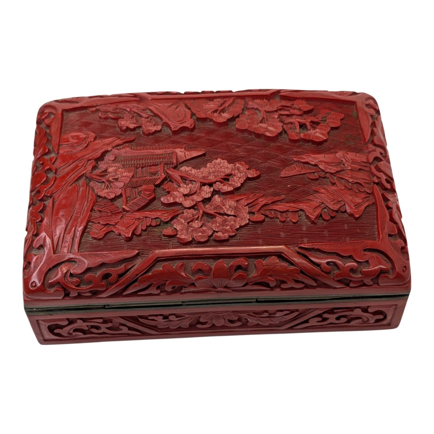 Vintage Chinese Cinnabar Box Carved Red Lacquer Landscape Scene Blue Enamel Interior