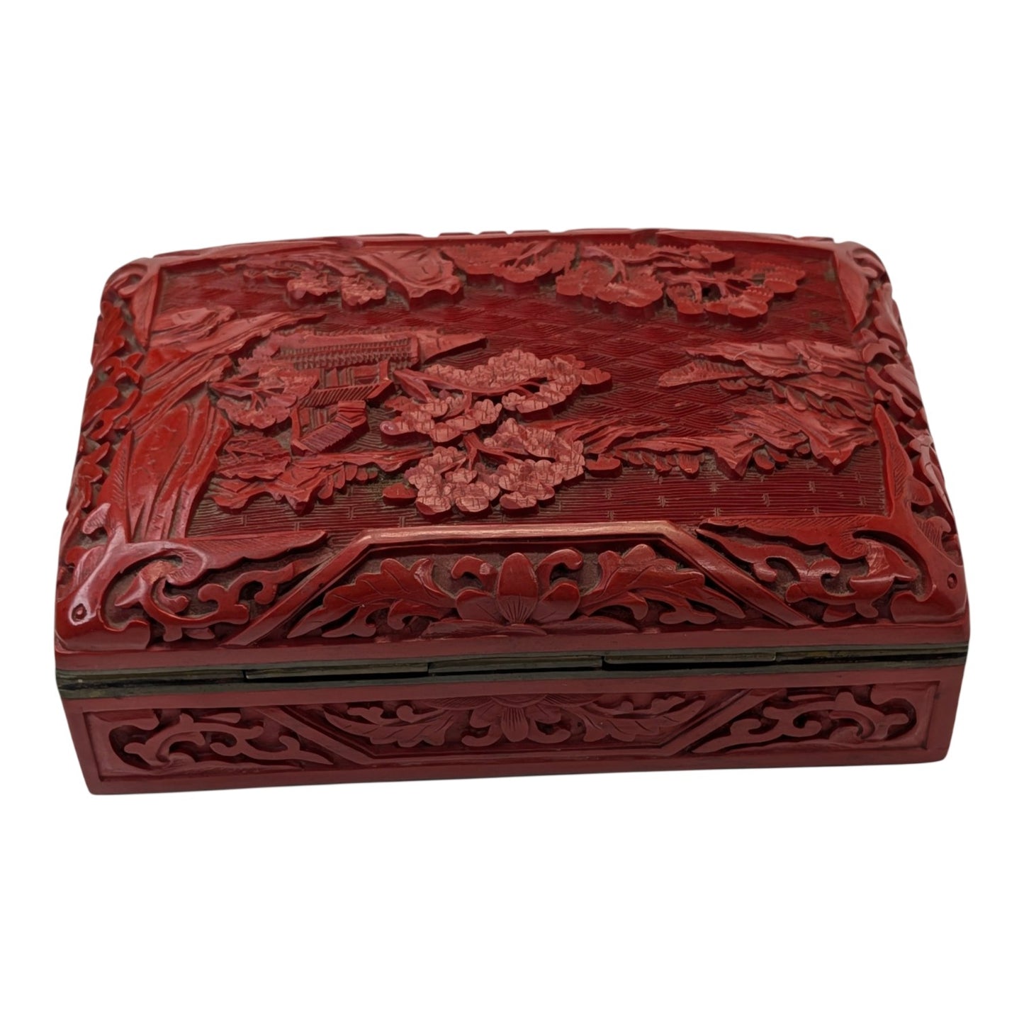 Vintage Chinese Cinnabar Box Carved Red Lacquer Landscape Scene Blue Enamel Interior