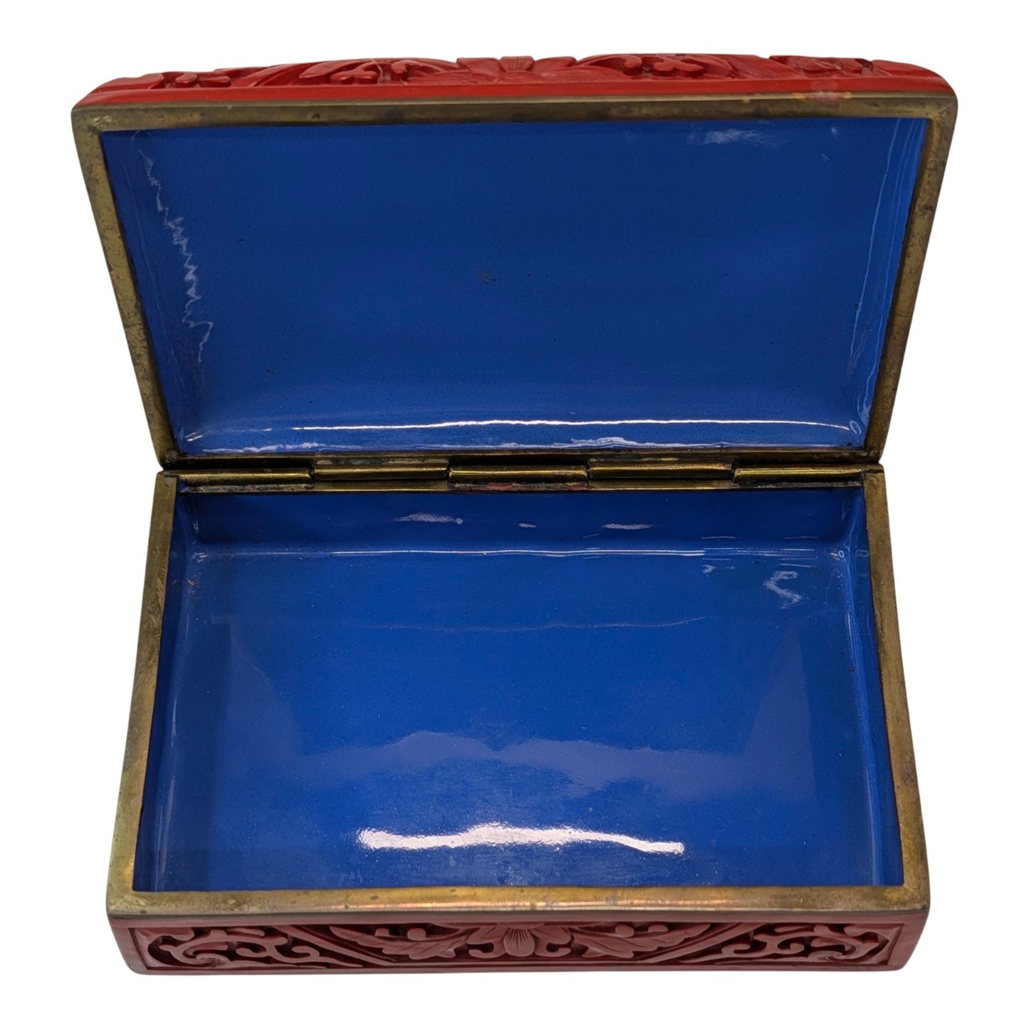 Vintage Chinese Cinnabar Box Carved Red Lacquer Landscape Scene Blue Enamel Interior