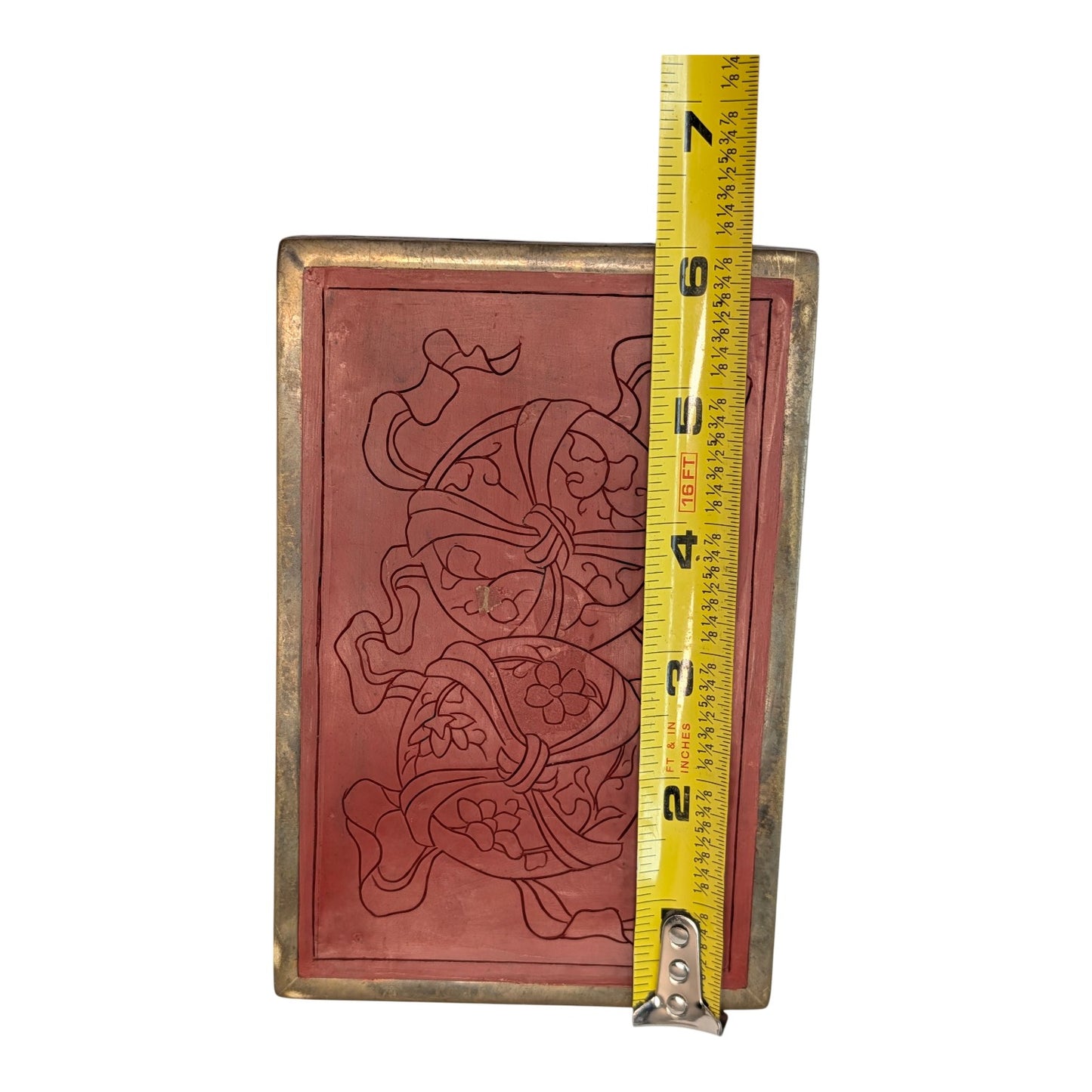 Vintage Chinese Cinnabar Box Carved Red Lacquer Landscape Scene Blue Enamel Interior
