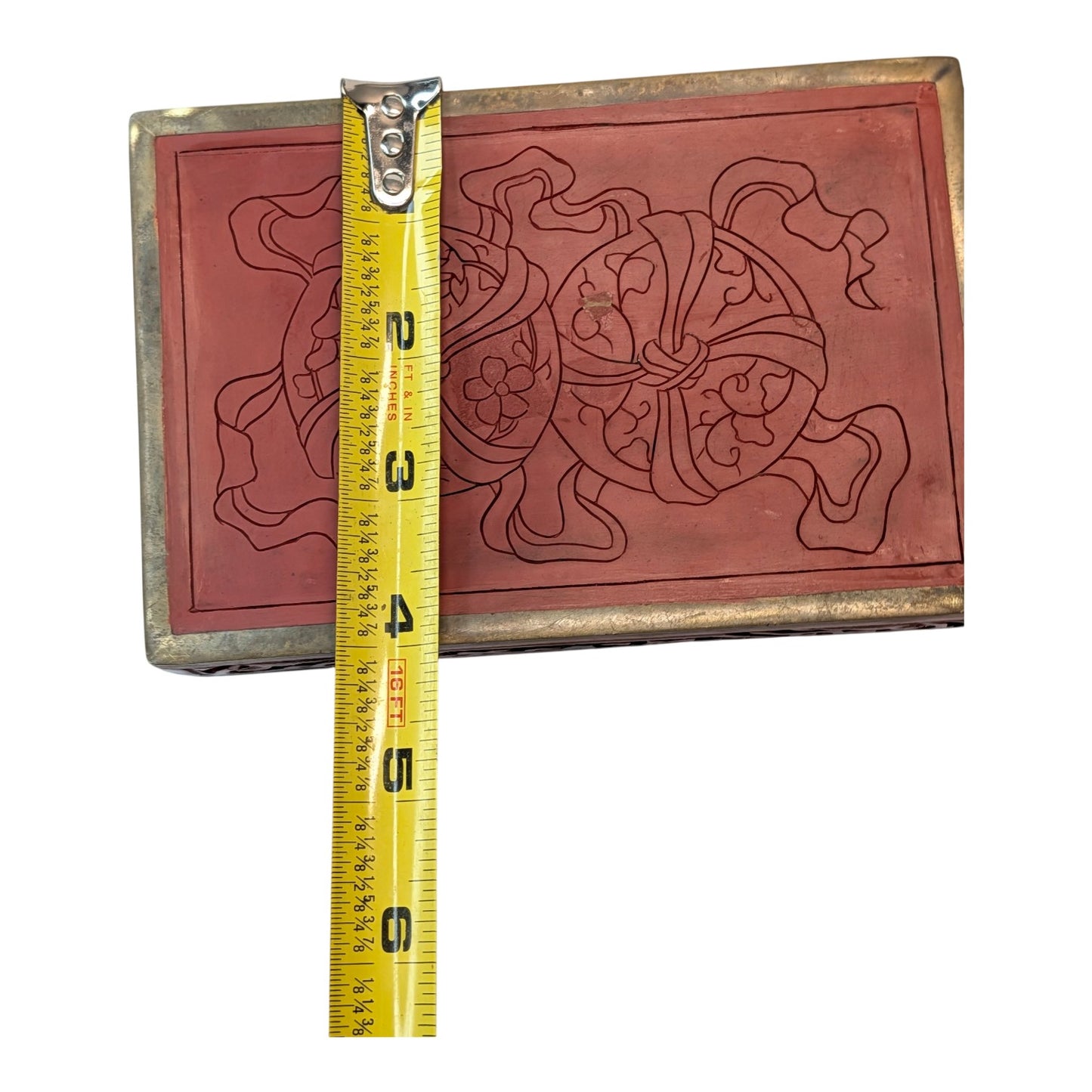 Vintage Chinese Cinnabar Box Carved Red Lacquer Landscape Scene Blue Enamel Interior
