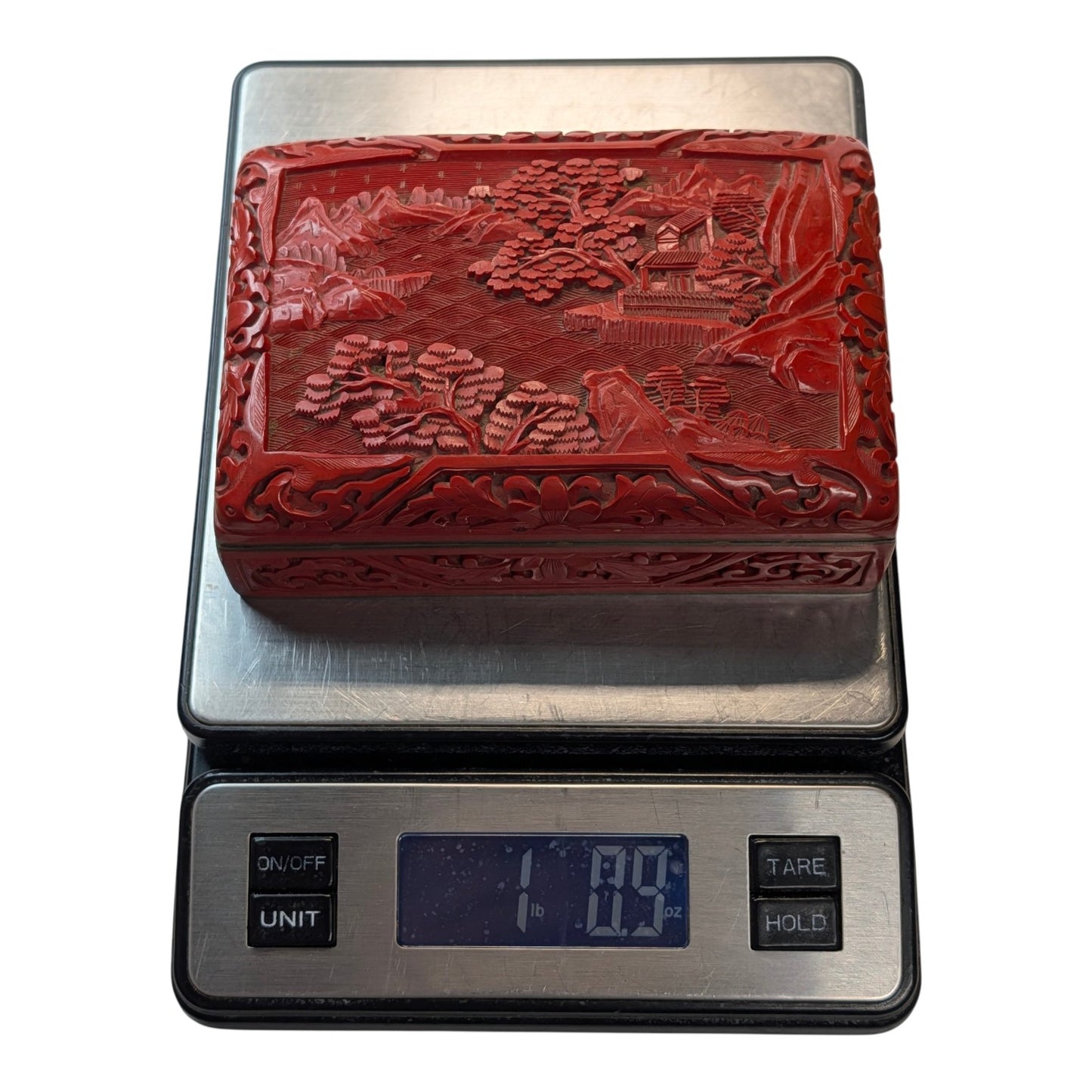 Vintage Chinese Cinnabar Box Carved Red Lacquer Landscape Scene Blue Enamel Interior