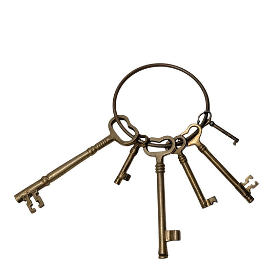 Vintage Jailer's Key Set Large 5.5" Brass Skeleton Keys on Ring Steampunk Prop Industrial Decor