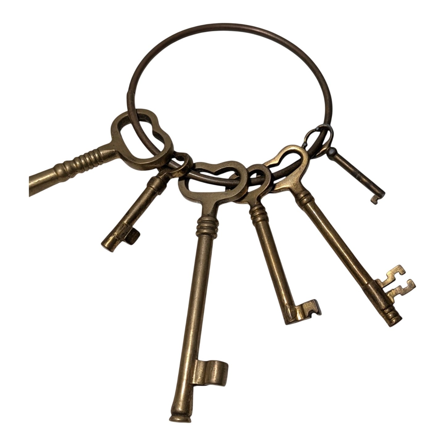 Vintage Jailer's Key Set Large 5.5" Brass Skeleton Keys on Ring Steampunk Prop Industrial Decor