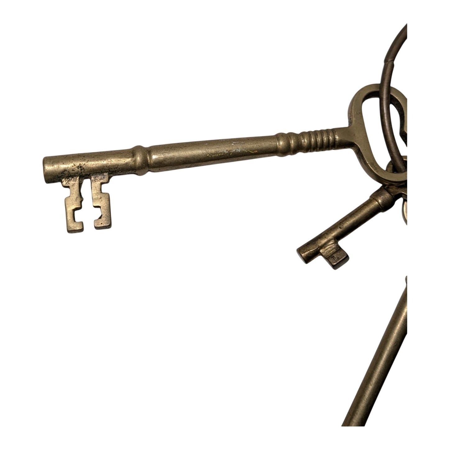 Vintage Jailer's Key Set Large 5.5" Brass Skeleton Keys on Ring Steampunk Prop Industrial Decor