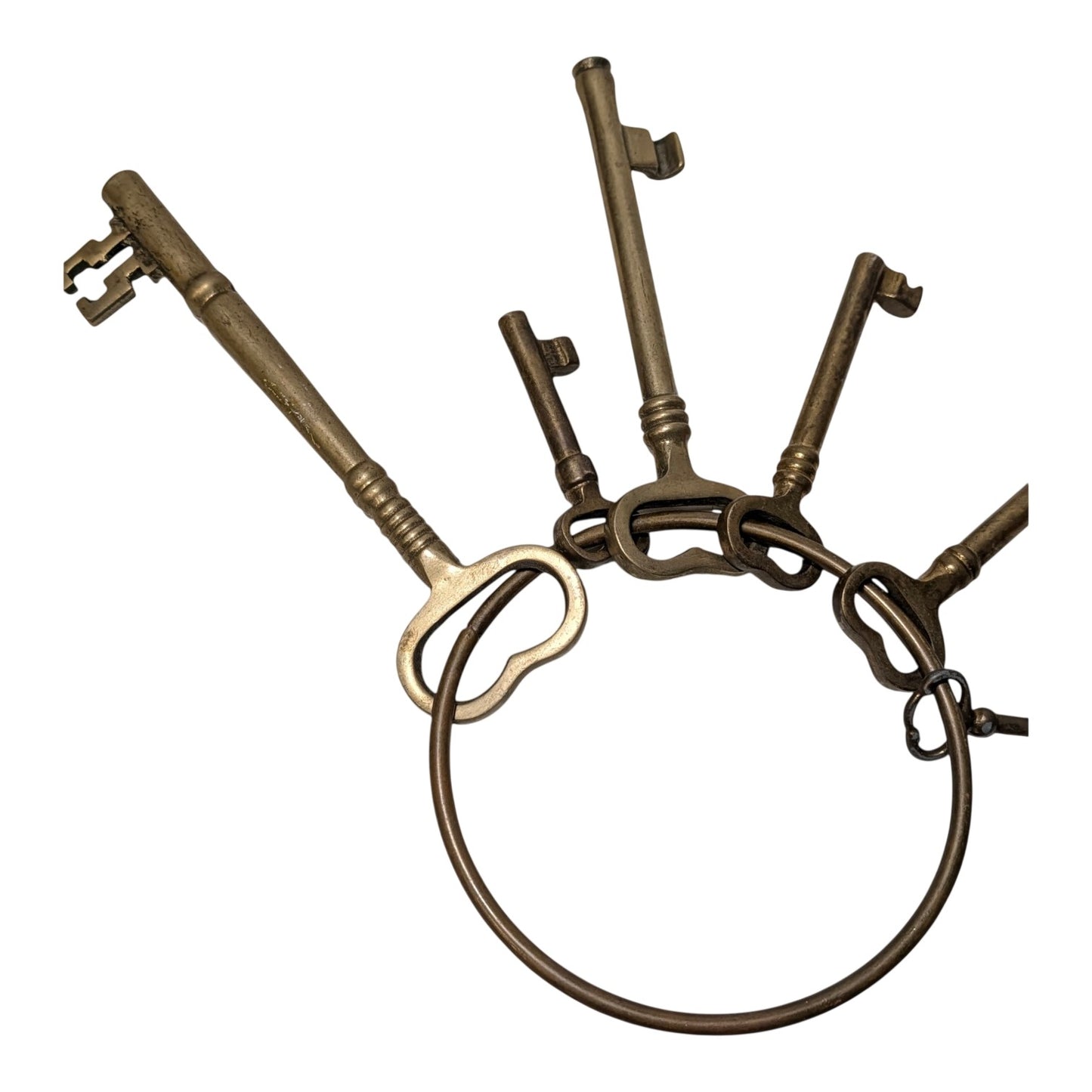 Vintage Jailer's Key Set Large 5.5" Brass Skeleton Keys on Ring Steampunk Prop Industrial Decor