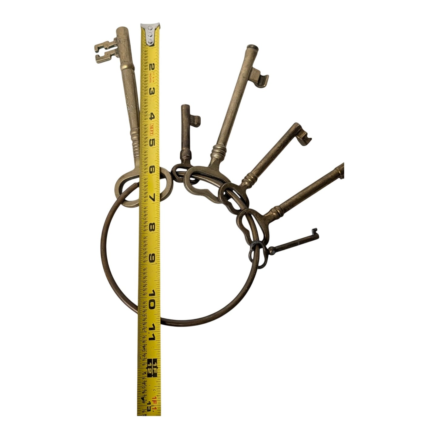 Vintage Jailer's Key Set Large 5.5" Brass Skeleton Keys on Ring Steampunk Prop Industrial Decor