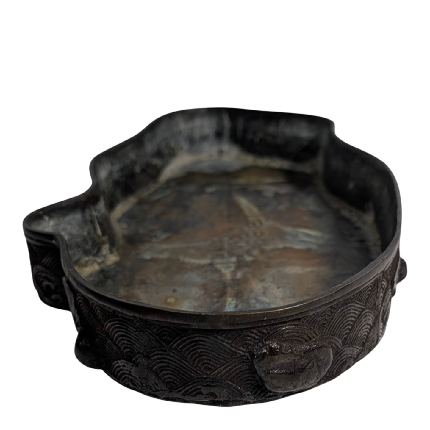 Antique Japanese Meiji Bronze Suiban Tray Fish Motif Seigaiha Wave Pattern Marked 11.5"