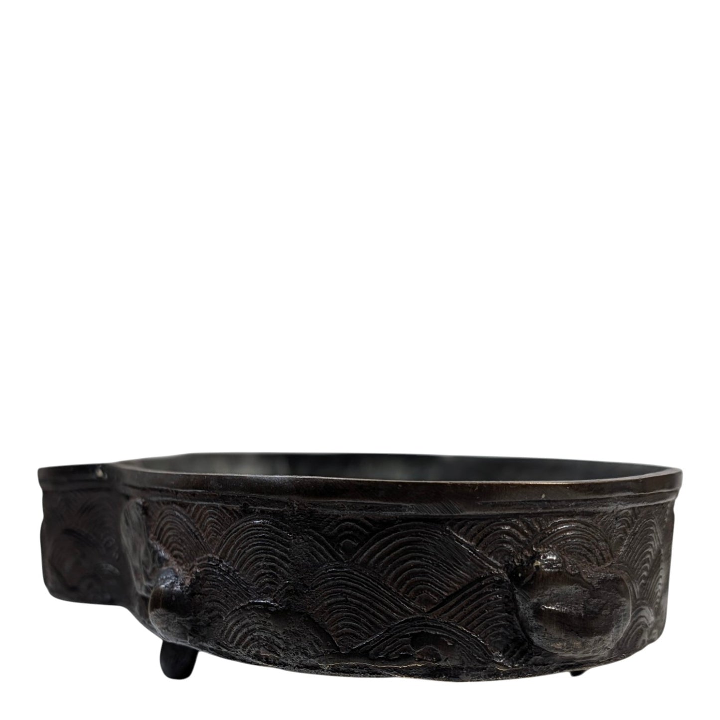 Antique Japanese Meiji Bronze Suiban Tray Fish Motif Seigaiha Wave Pattern Marked 11.5"
